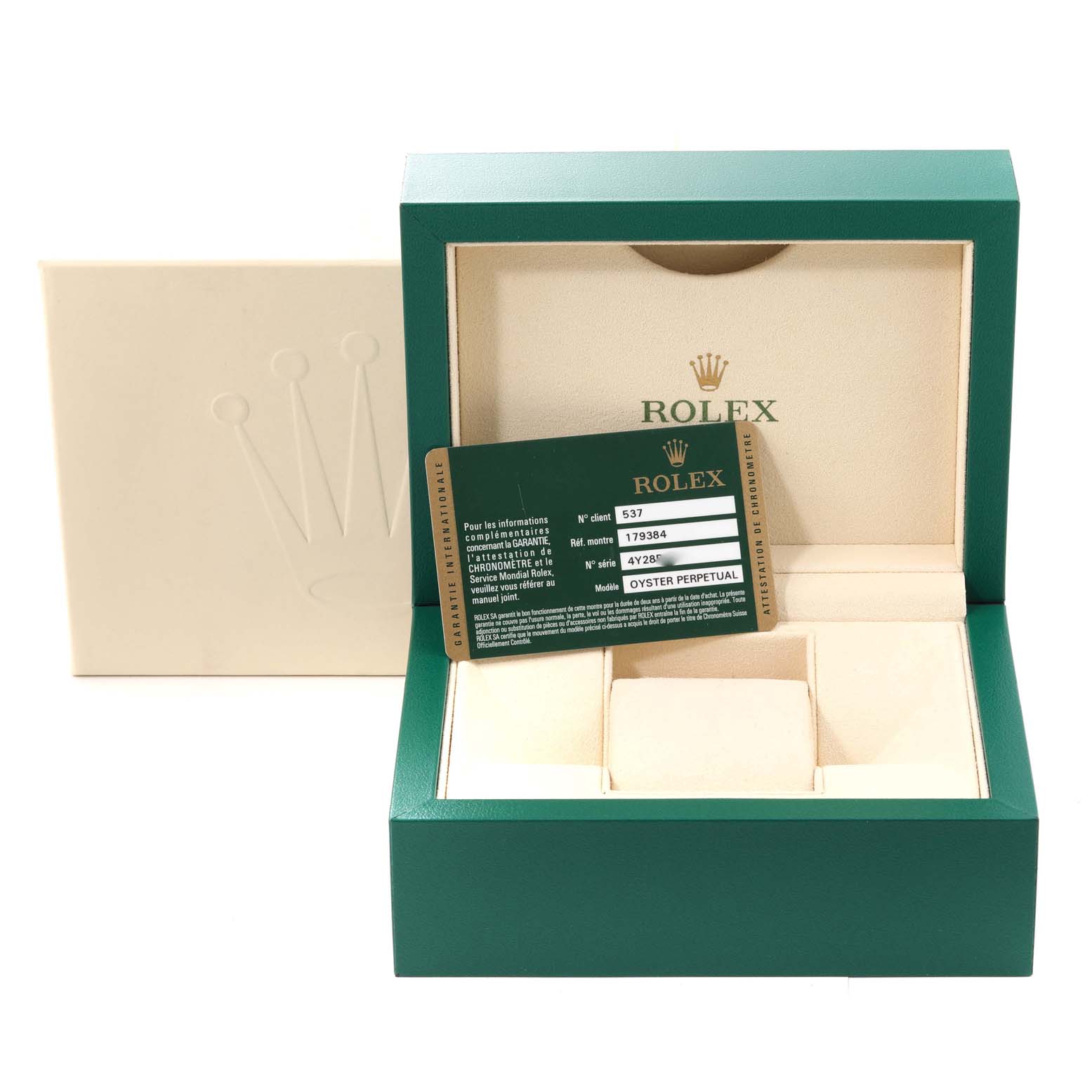 The image shows a Rolex Datejust 179384 Women's Stainless Steel Silver Dial 179384 Women's Stainless Steel Silver Dial watch box set, including the green box, warranty card, and cardholder, viewed from the front.