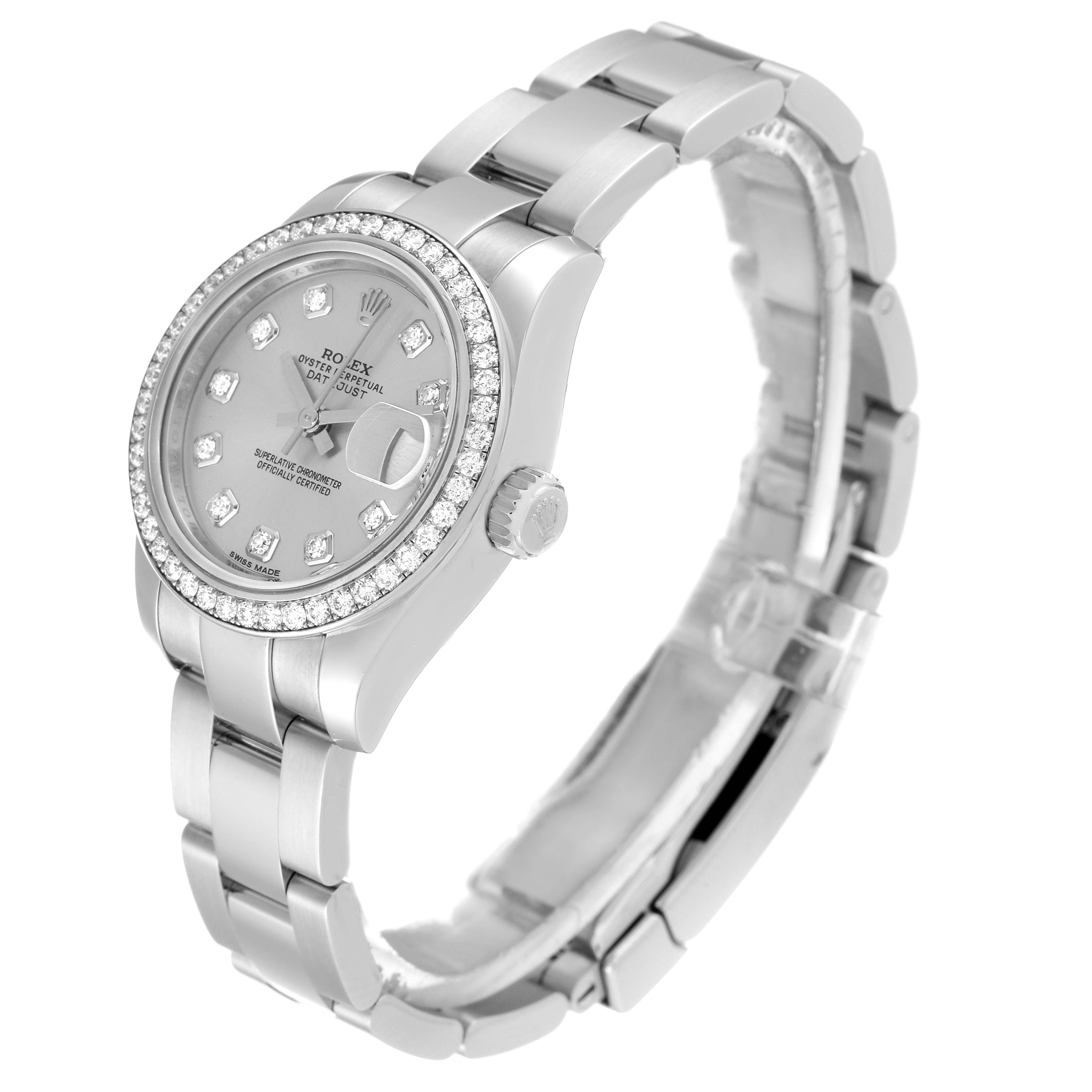 The image shows a Rolex Datejust 179384 Women's Stainless Steel Silver Dial 179384 Women's Stainless Steel Silver Dial watch at a three-quarter angle, highlighting its face, bezel, and part of the bracelet.