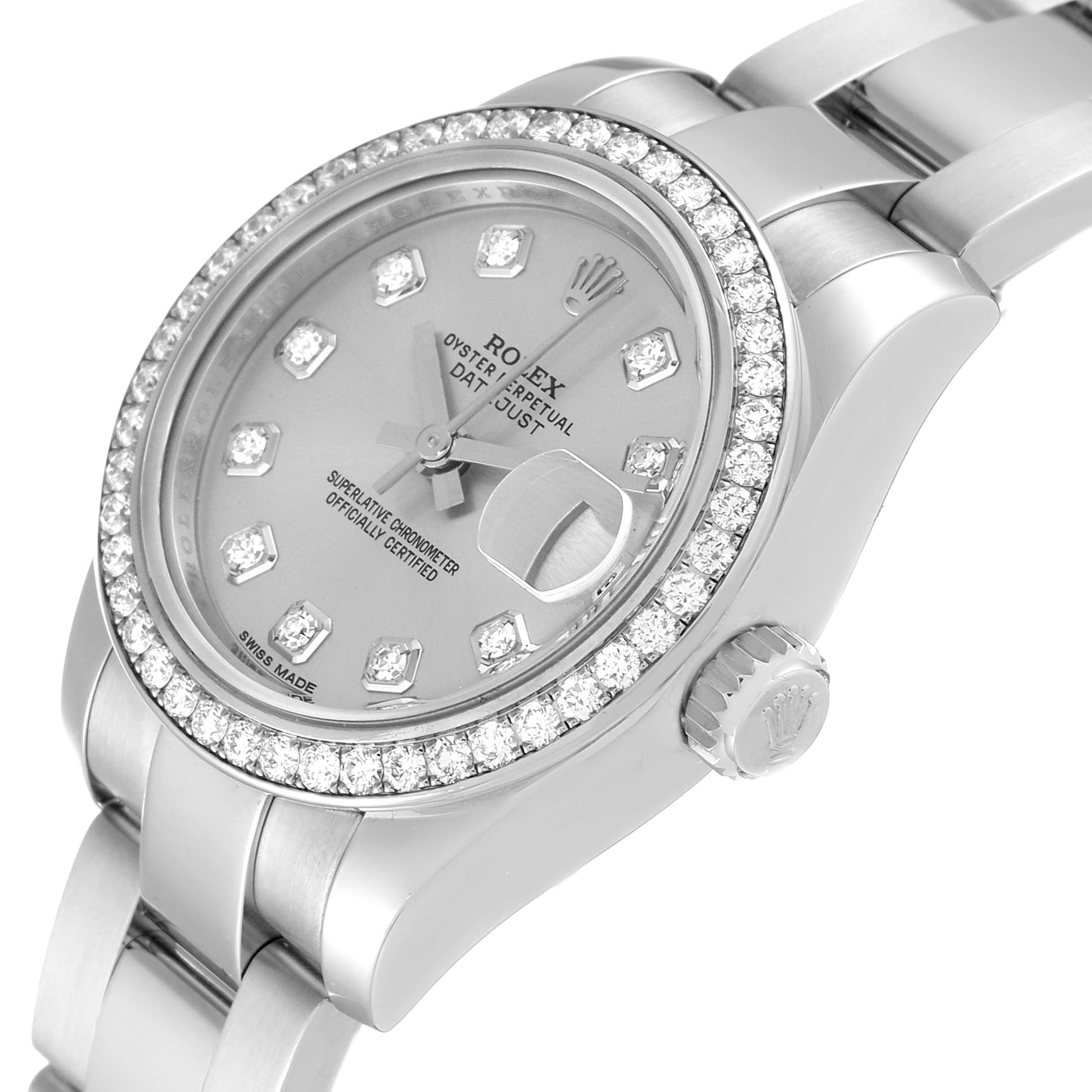 This image shows a close-up angle of the Rolex Datejust 179384 Women's Stainless Steel Silver Dial 179384 Women's Stainless Steel Silver Dial watch, highlighting its diamond-studded bezel and bracelet.