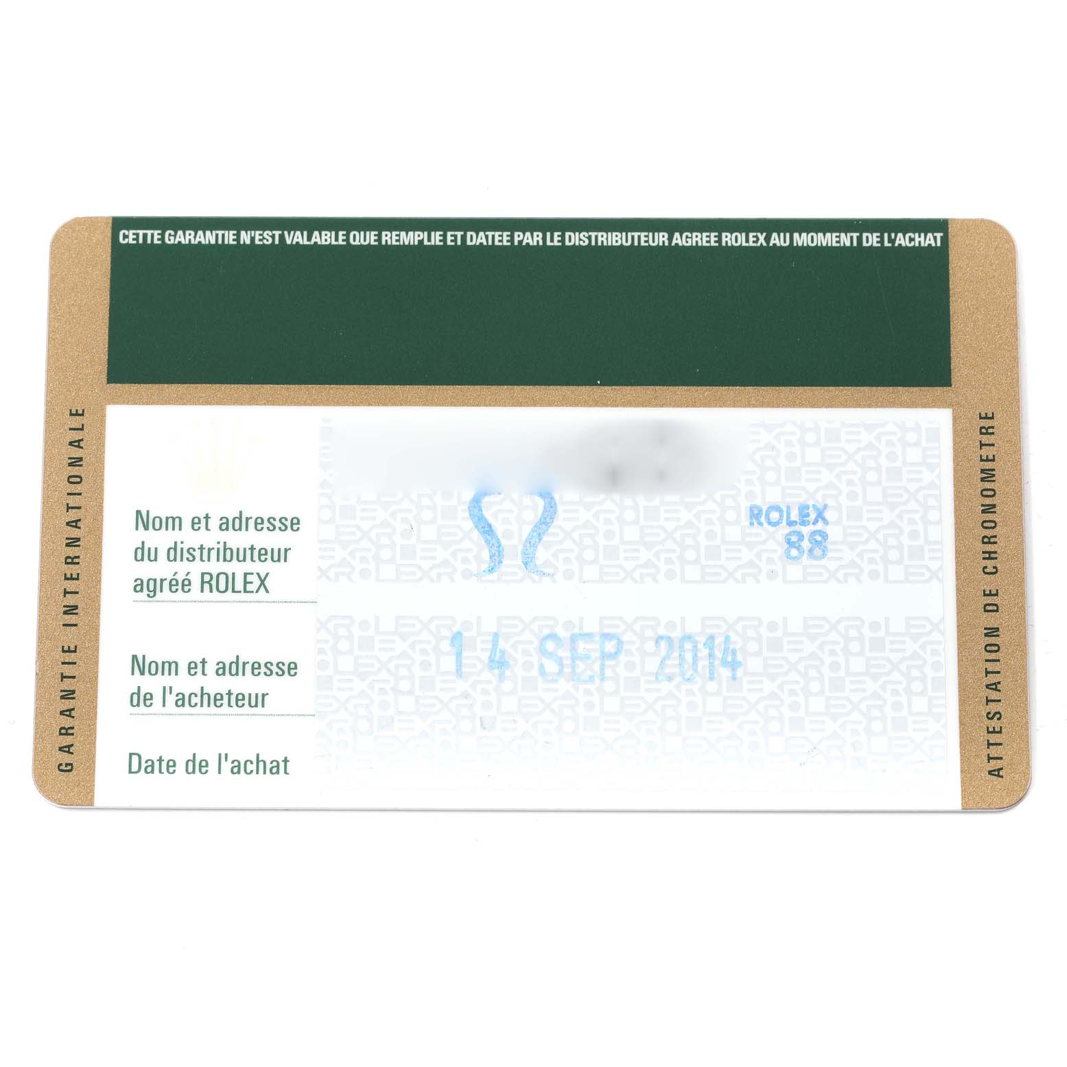 The image shows a warranty card for a Rolex Datejust 179384 Women's Stainless Steel Silver Dial 179384 Women's Stainless Steel Silver Dial watch dated 14 September 2014.