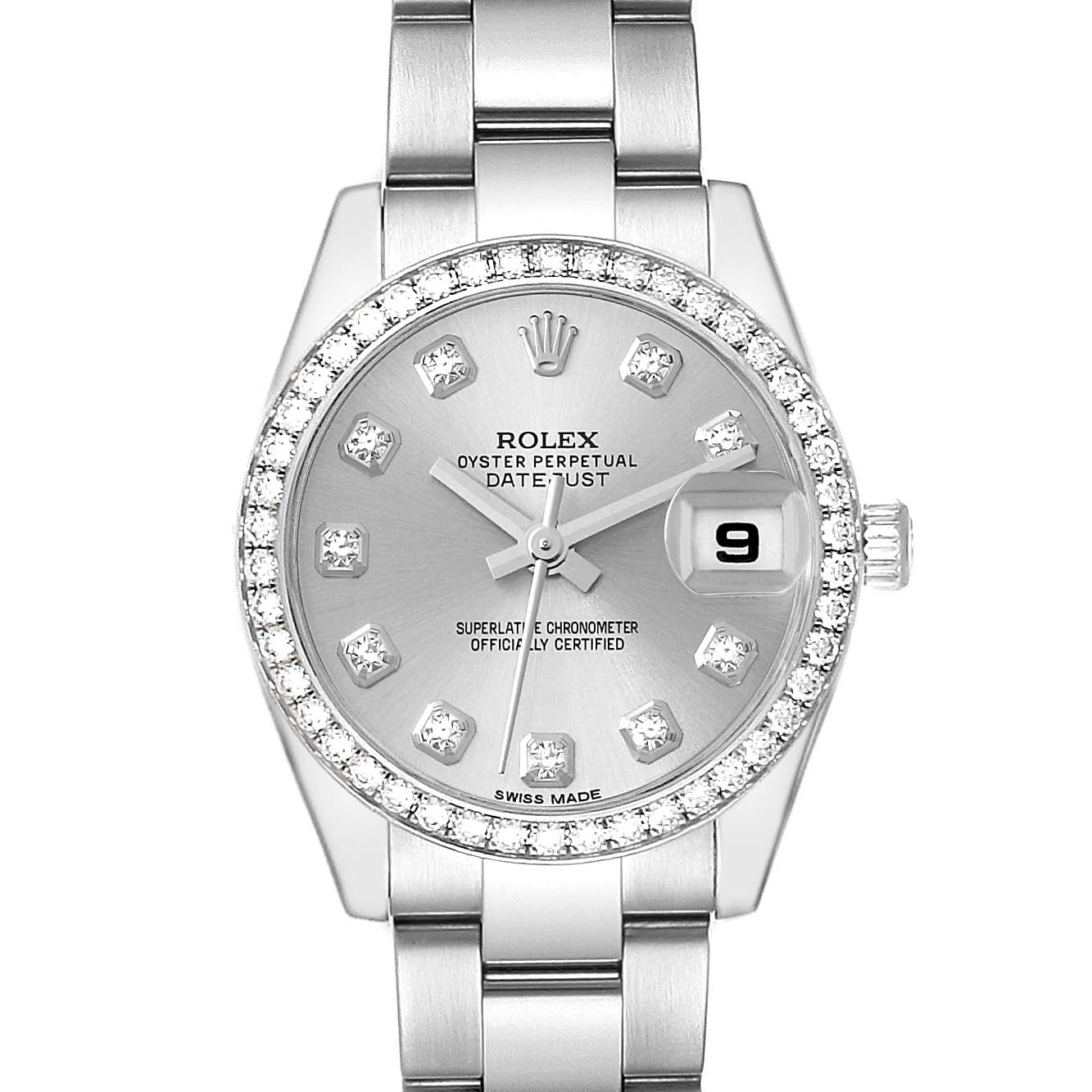The image shows a front view of a Rolex Datejust 179384 Women's Stainless Steel Silver Dial 179384 Women's Stainless Steel Silver Dial watch featuring a diamond bezel and bracelet.