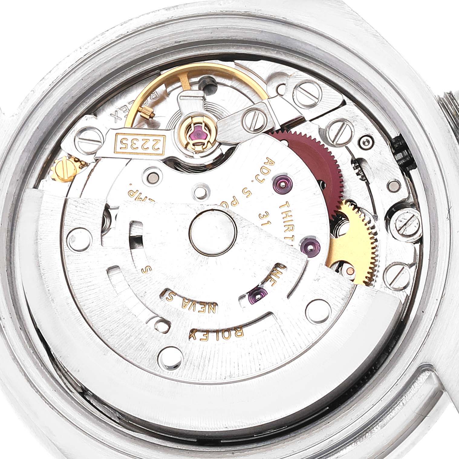 This is a close-up view of the movement and internal components of the Rolex Datejust 179384 Women's Stainless Steel Silver Dial 179384 Women's Stainless Steel Silver Dial watch.