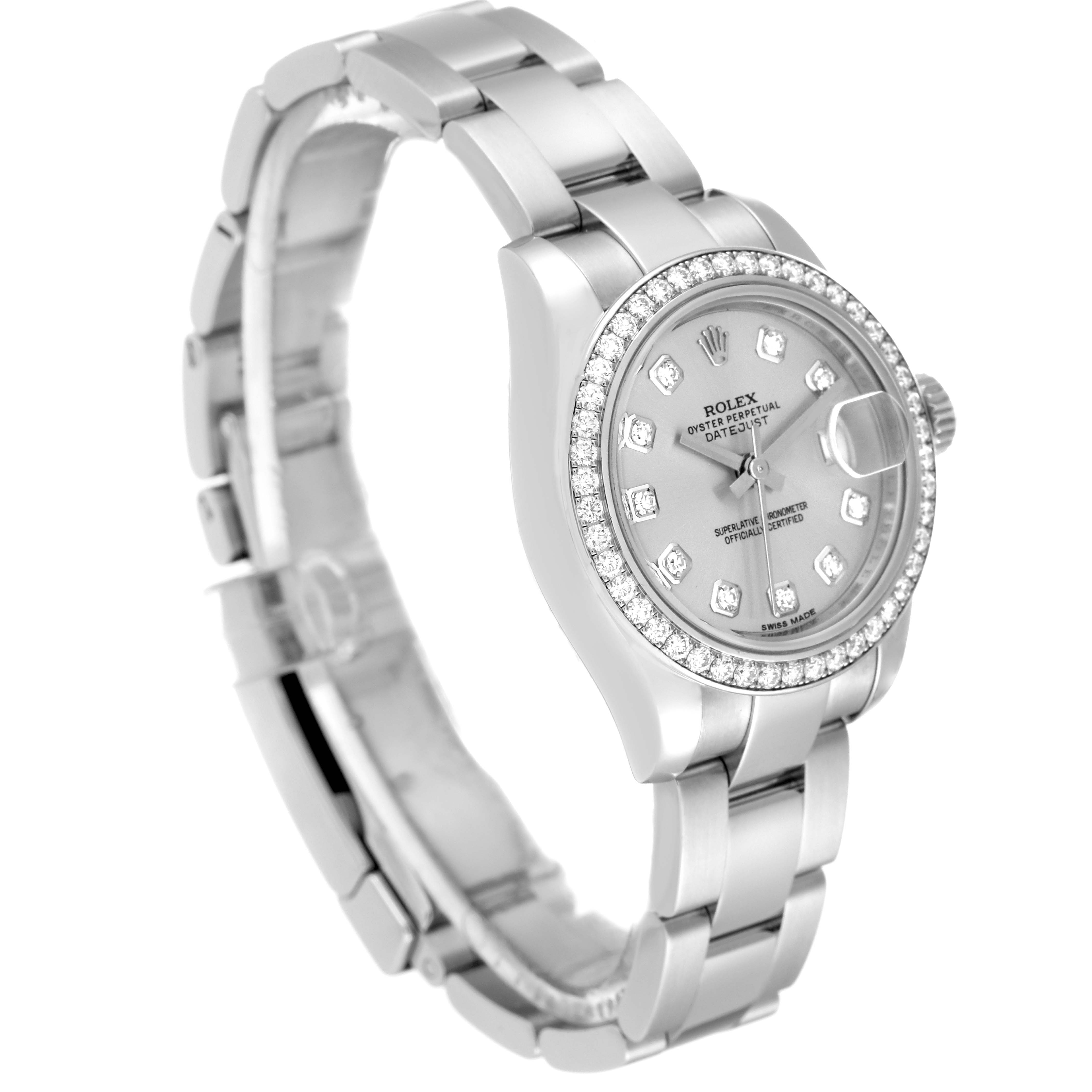 The image shows a Rolex Datejust 179384 Women's Stainless Steel Silver Dial 179384 Women's Stainless Steel Silver Dial model watch at a slight angle with a clear view of the face, bezel, and bracelet.
