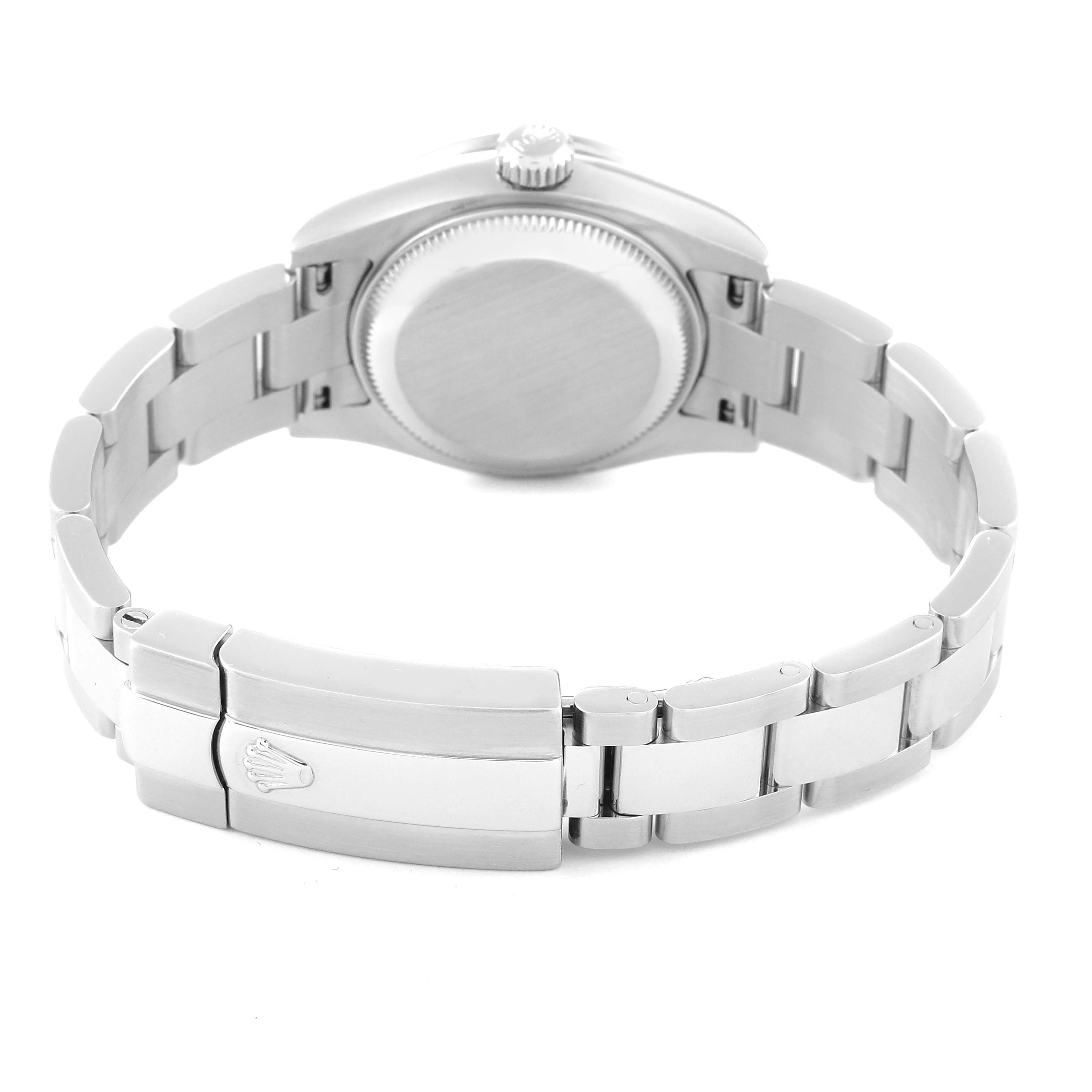 This is a rear view of a Rolex Datejust 179384 Women's Stainless Steel Silver Dial 179384 Women's Stainless Steel Silver Dial watch, showing the back case and bracelet with the clasp.