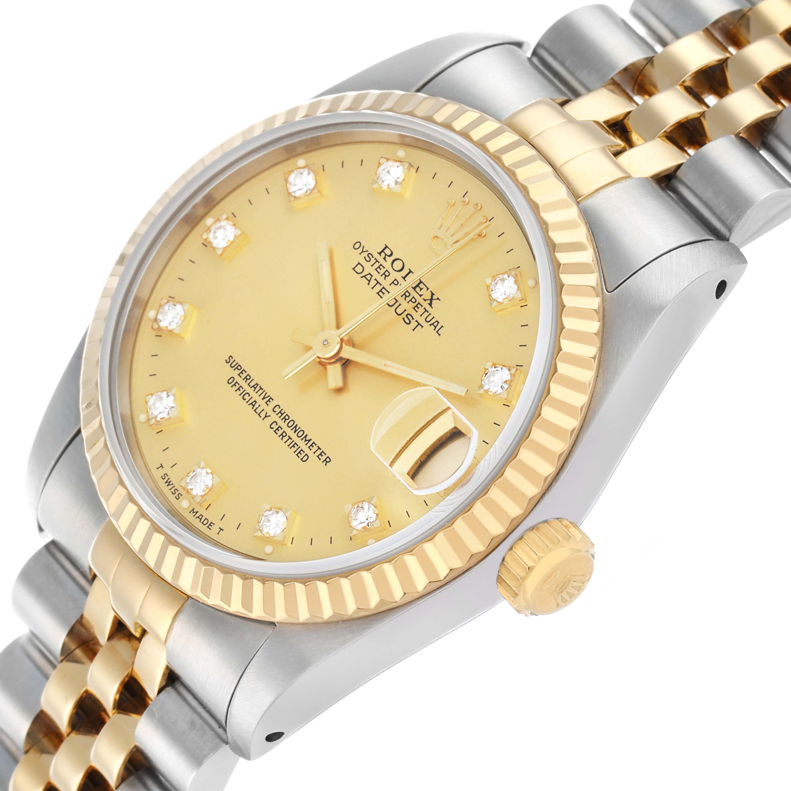 The Rolex Datejust 68273 Women's Steel and Gold (two tone) Champagne Dial watch is shown at an angled close-up, highlighting the gold dial, fluted bezel, and jubilee bracelet.