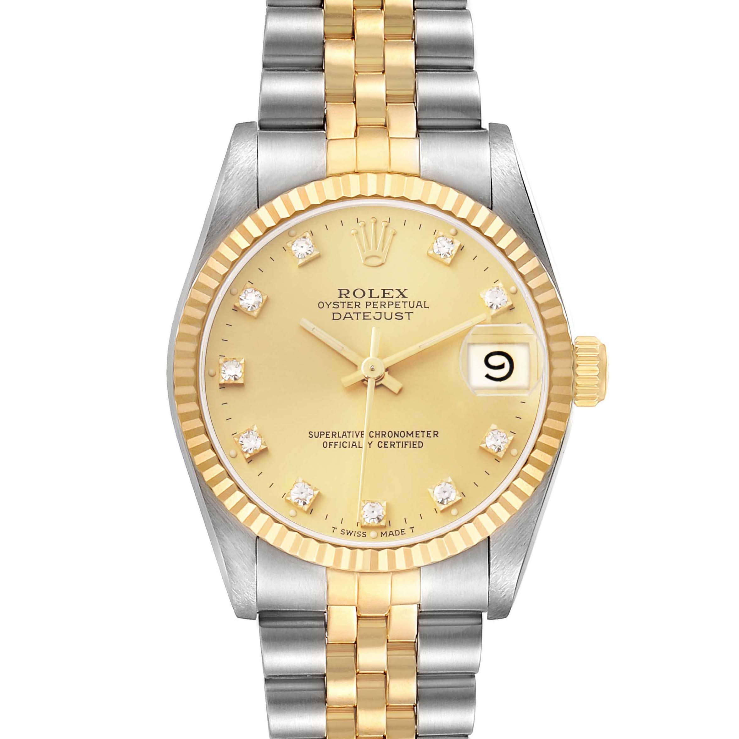 The Rolex Mid-Size 68273 Women's Steel and Gold (two tone) Champagne Dial Datejust watch is shown from a top-down angle, displaying the face, bezel, dial, and bracelet clearly.