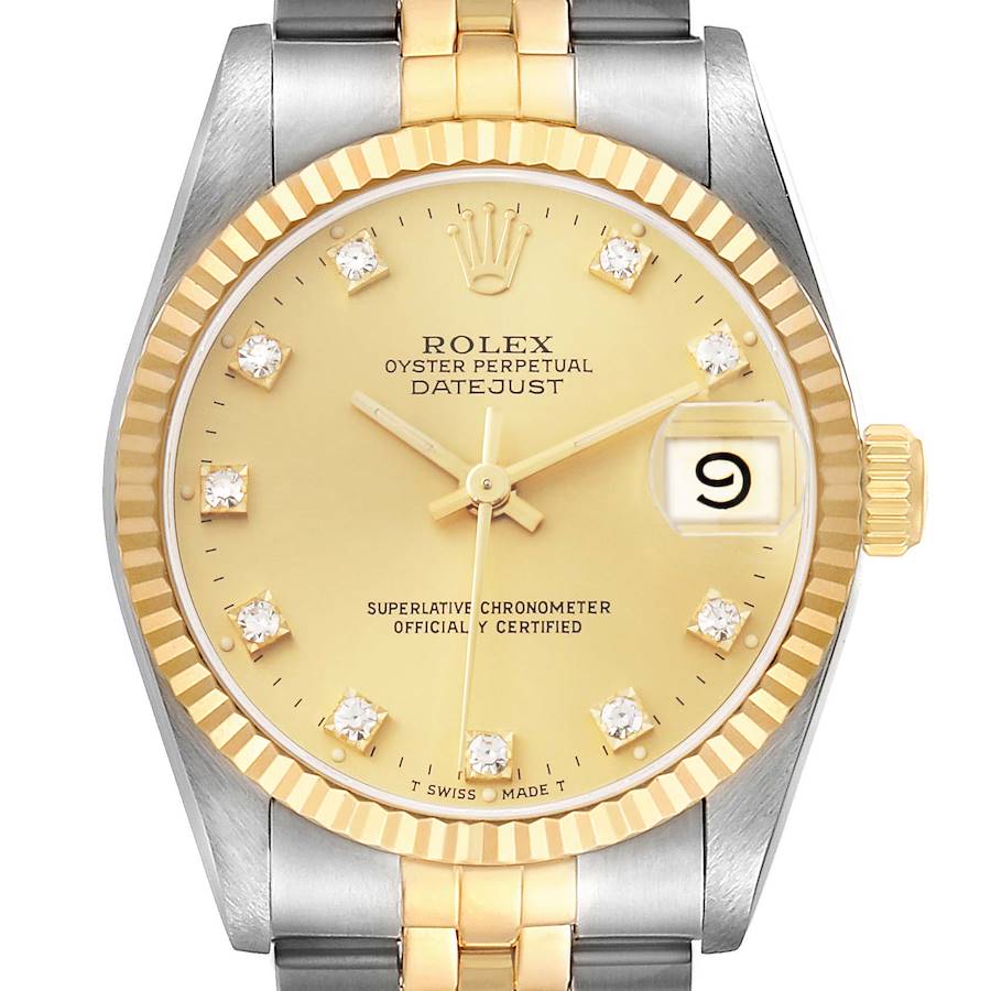 The Rolex Datejust 68273 Women's Steel and Gold (two tone) Champagne Dial watch is shown from a front angle, featuring its gold dial, date display, and two-tone bracelet.