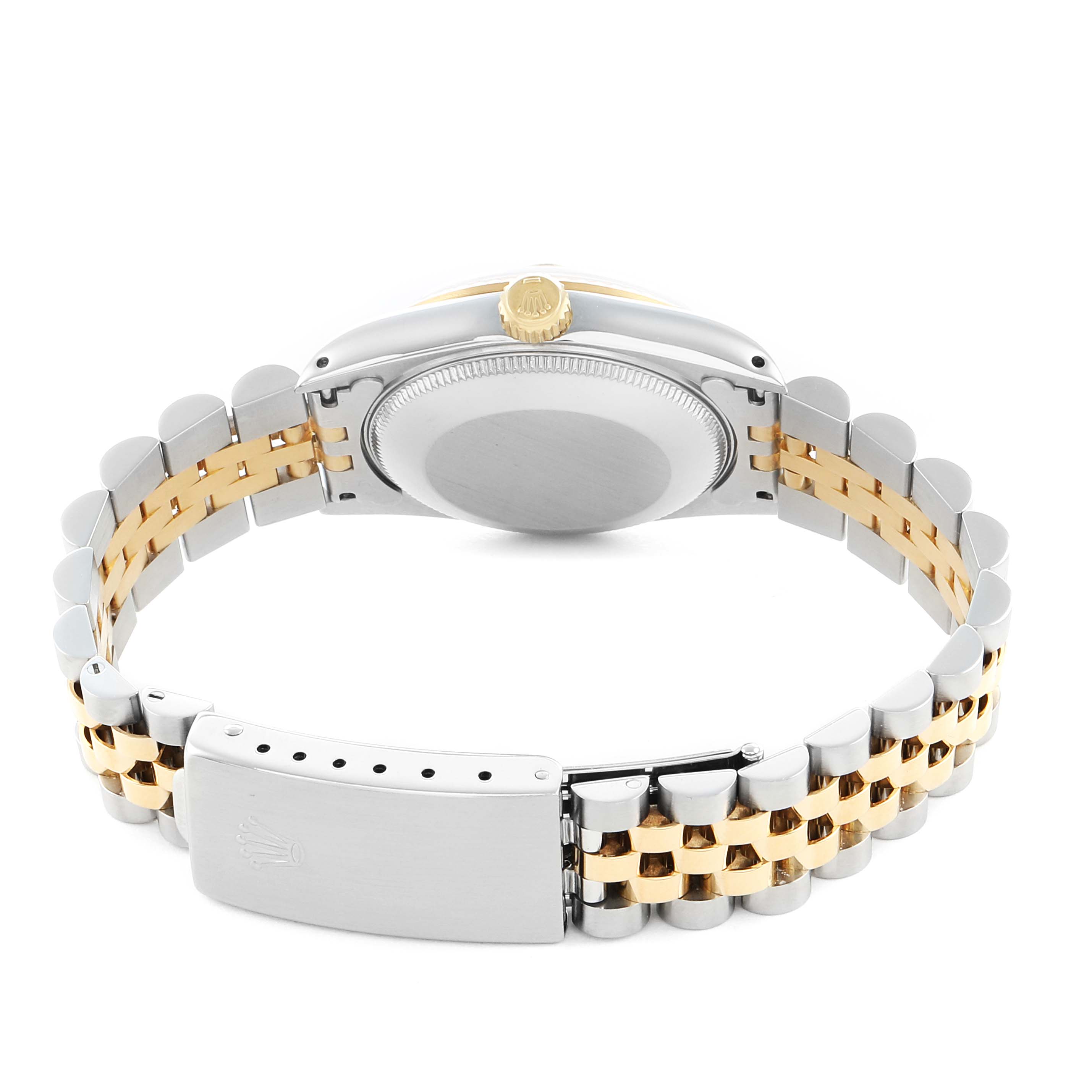 The Rolex Datejust 68273 Women's Steel and Gold (two tone) Champagne Dial watch is shown from the back, highlighting its case, crown, and two-tone bracelet with a clasp.