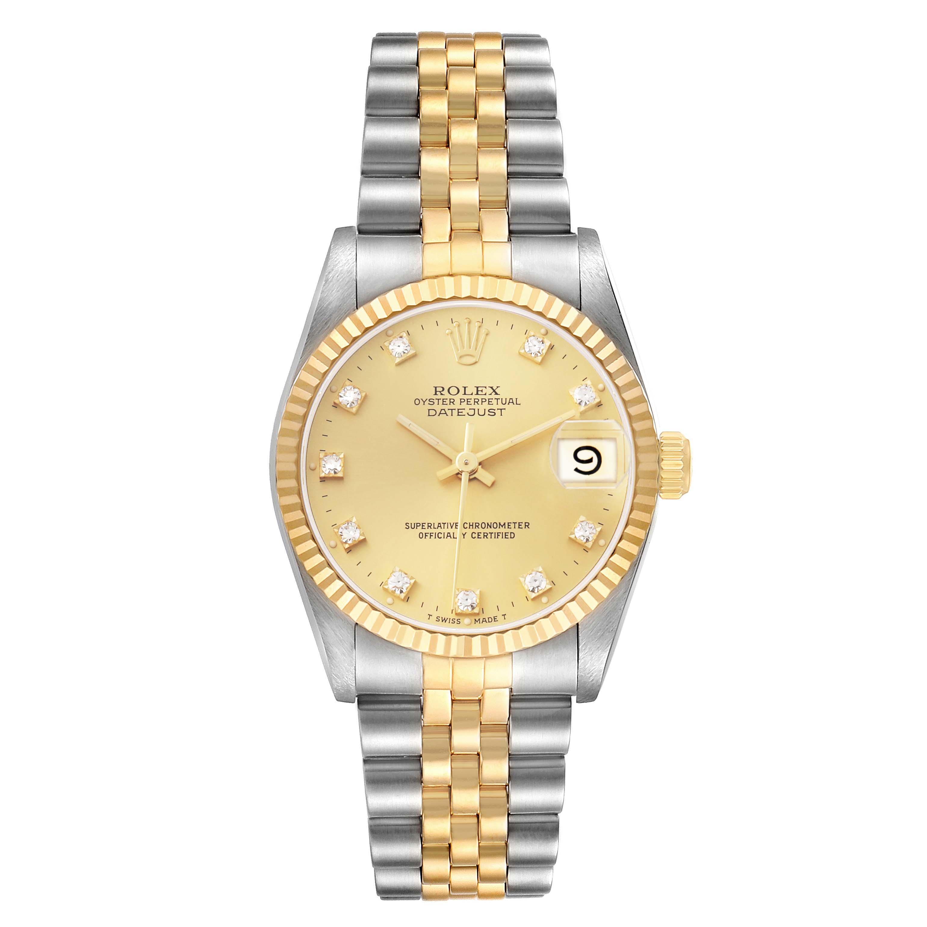 The Rolex Datejust 68273 Women's Steel and Gold (two tone) Champagne Dial watch is shown from the front, highlighting the dial, hands, date, bezel, and two-tone bracelet.