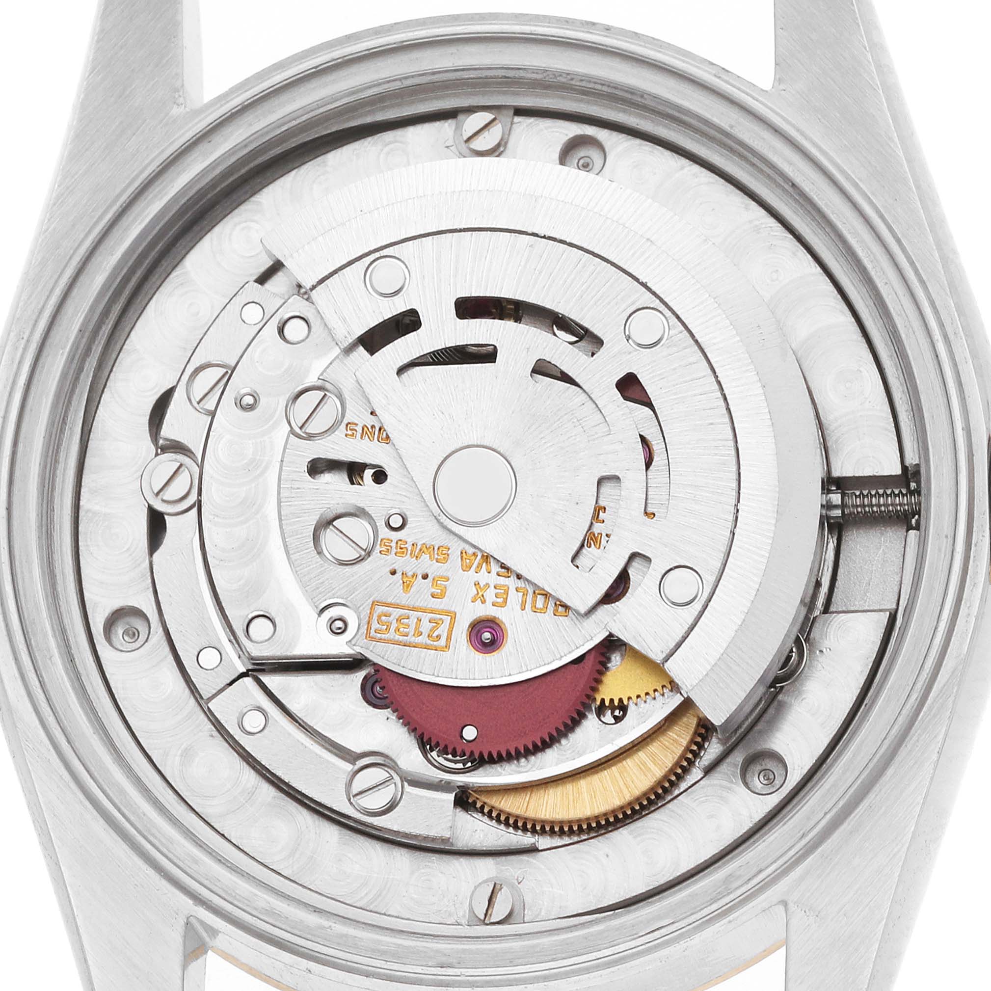 The image shows the back view of a Rolex Datejust 68273 Women's Steel and Gold (two tone) Champagne Dial watch, revealing its movement and rotor mechanism.