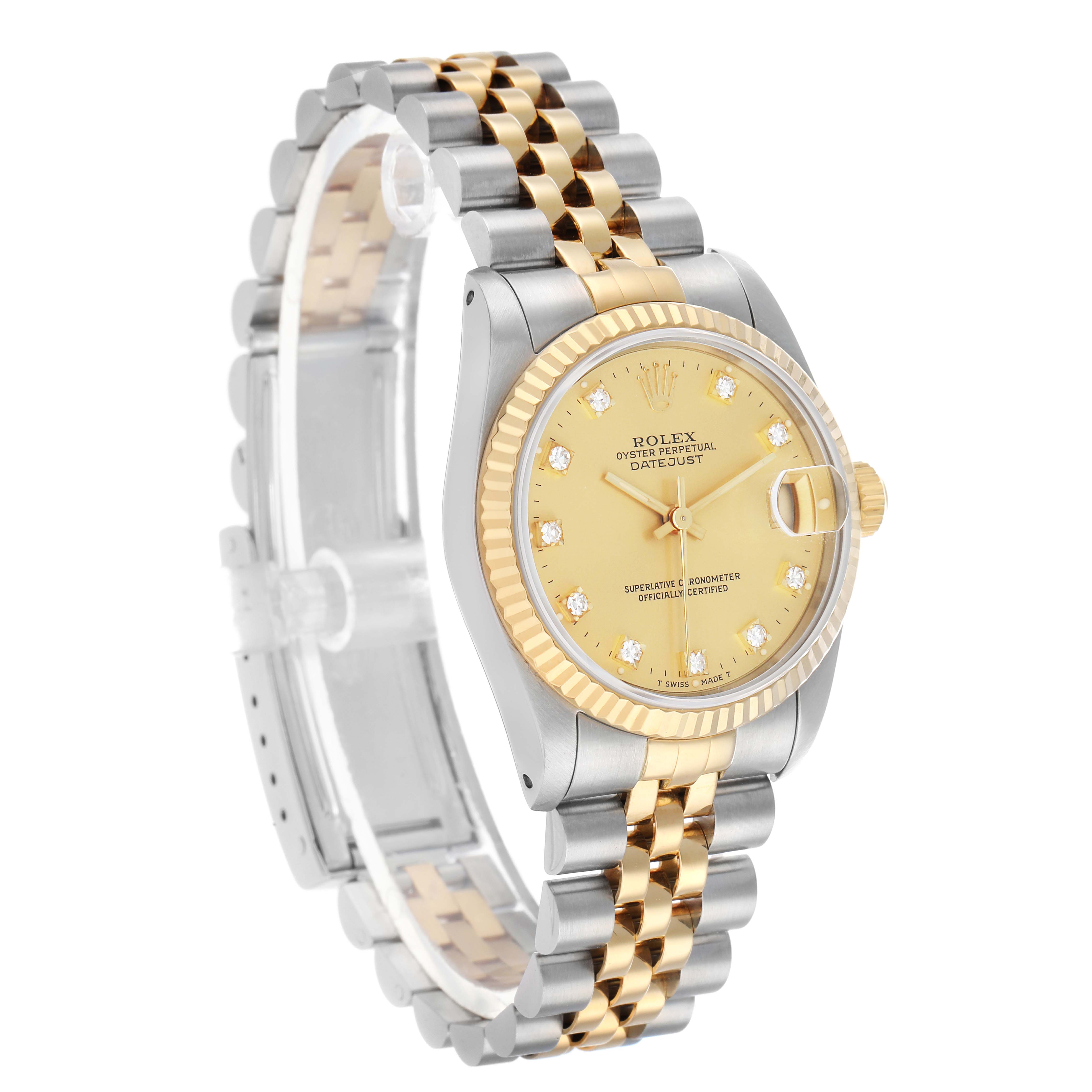 The Rolex Datejust 68273 Women's Steel and Gold (two tone) Champagne Dial watch is shown at a three-quarter angle, highlighting the gold and silver bracelet, bezel, and champagne dial.