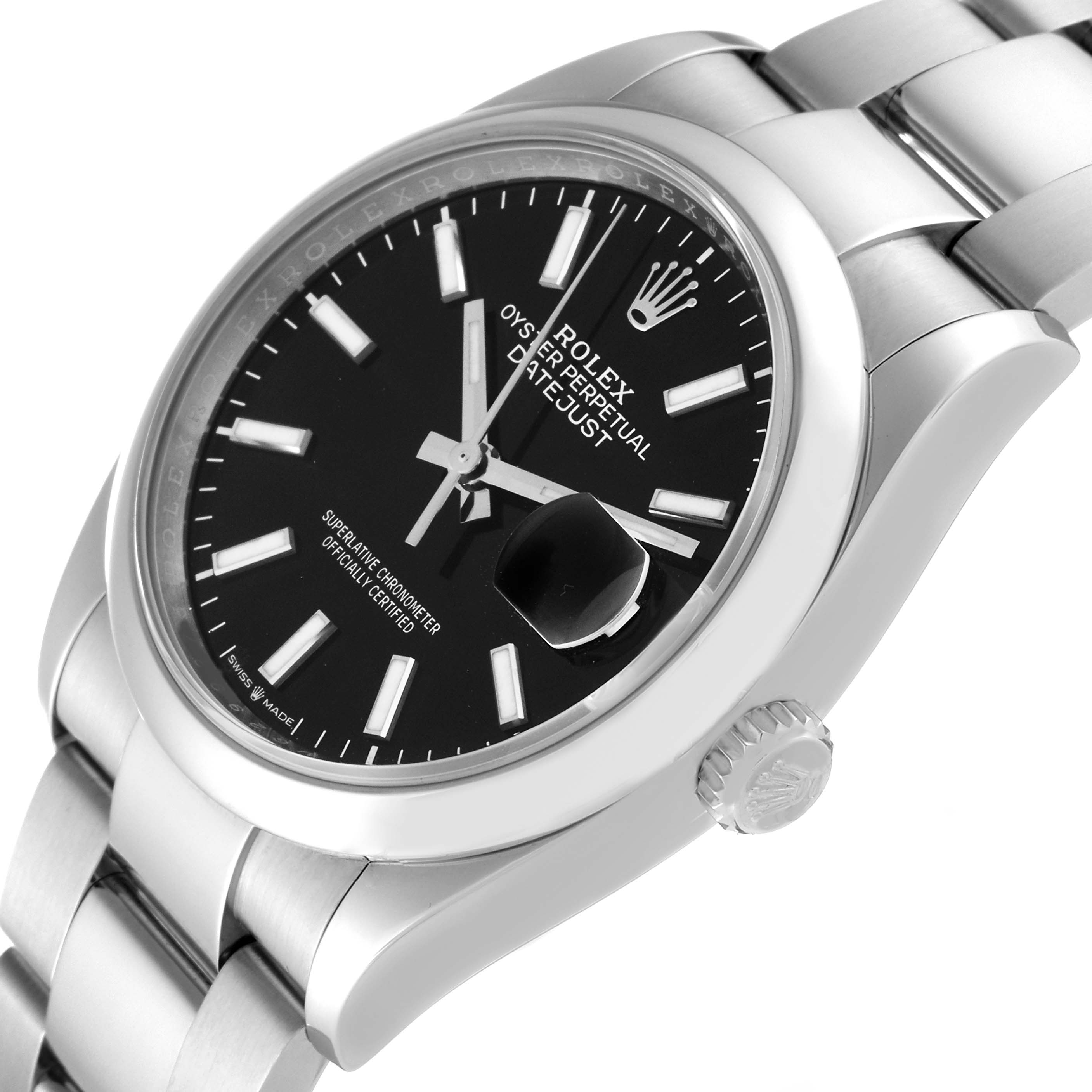 This Rolex Datejust 126200 Men's Stainless Steel Black Dial 126200 Men's Stainless Steel Black Dial watch is shown from a slight side angle, displaying the dial, crown, and part of the bracelet.