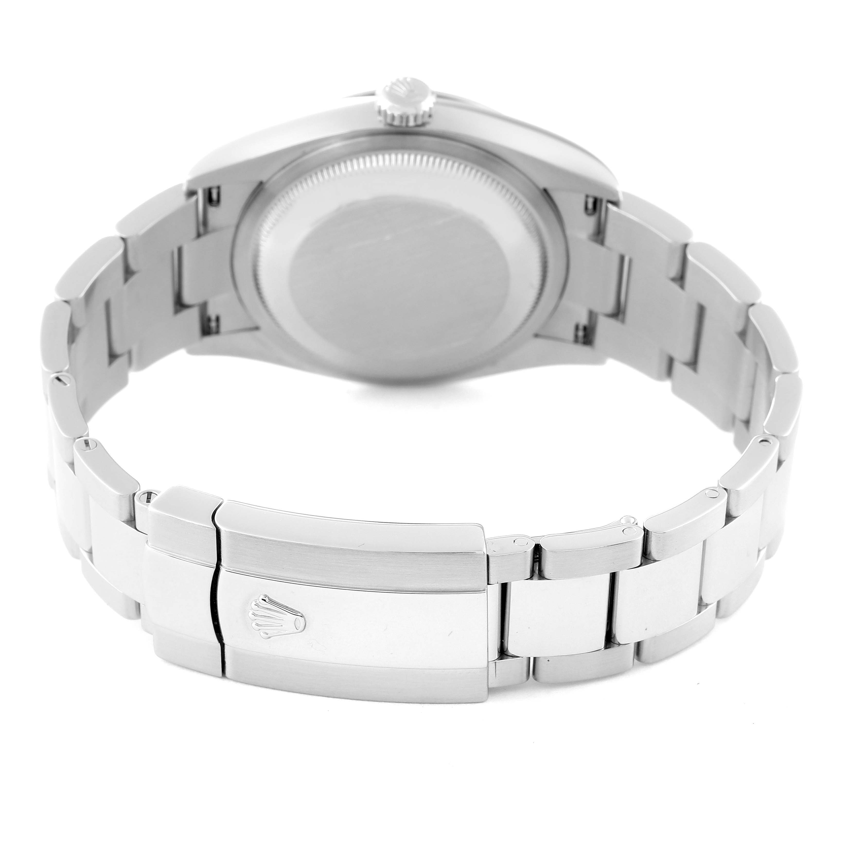 This image shows the back view of a Rolex Datejust 126200 Men's Stainless Steel Black Dial 126200 Men's Stainless Steel Black Dial watch, highlighting its clasp and case back.