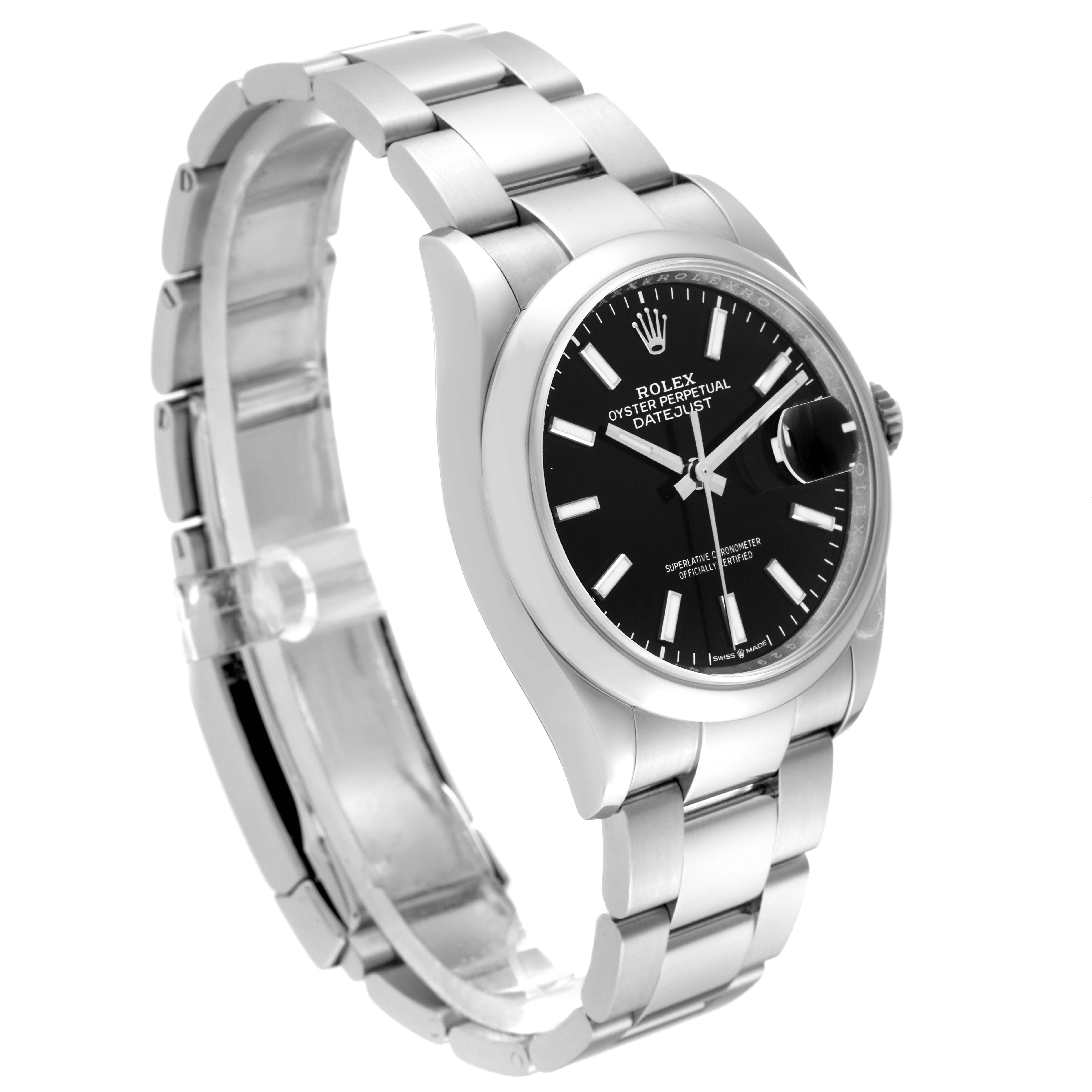The image shows a Rolex Datejust 126200 Men's Stainless Steel Black Dial 126200 Men's Stainless Steel Black Dial watch from a three-quarter angle, highlighting its black dial, bracelet, and bezel.