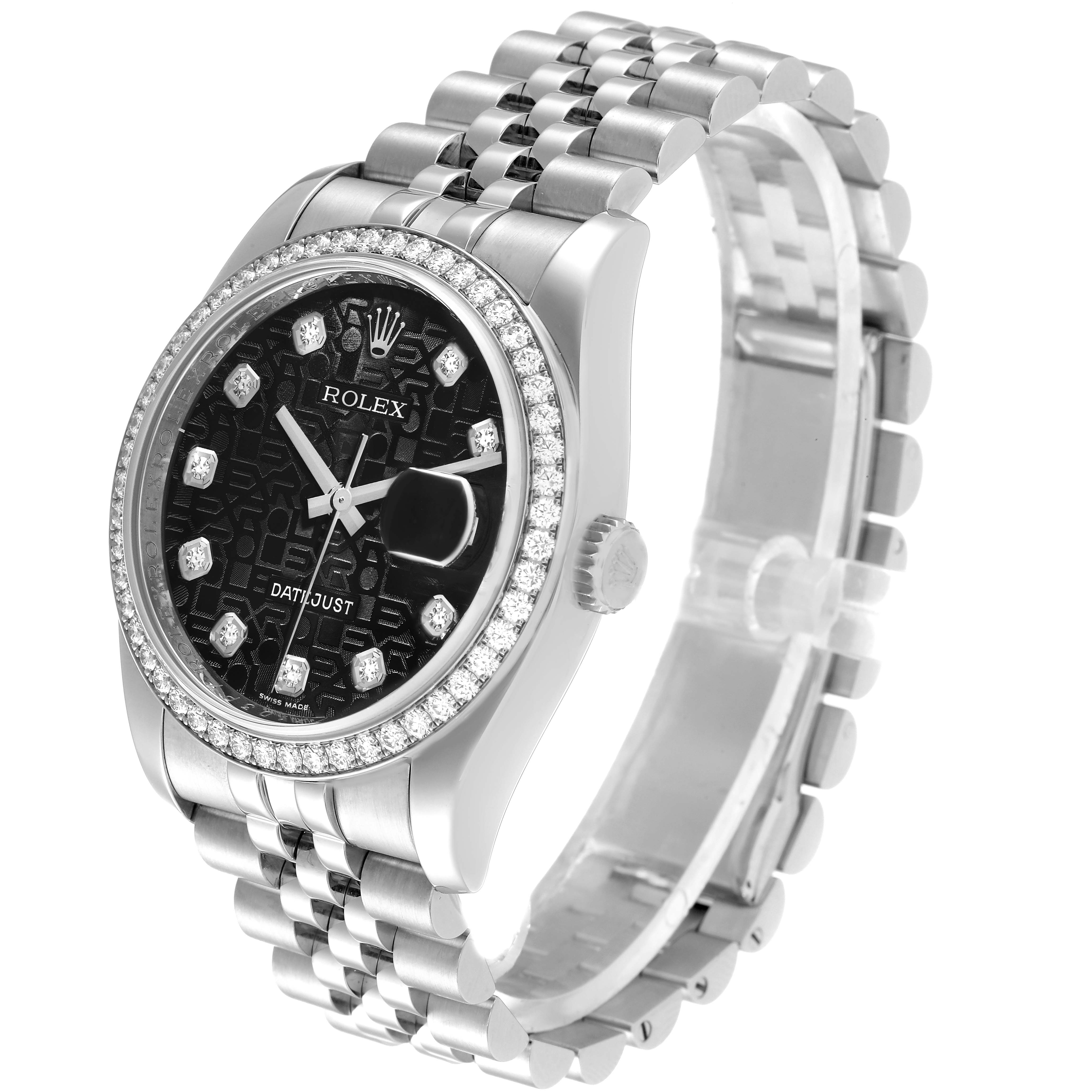 The image shows a Rolex Datejust 116244 Men's Stainless Steel Black Dial 116244 Men's Stainless Steel Black Dial watch from an angled side view, highlighting the bezel, dial, crown, and bracelet.