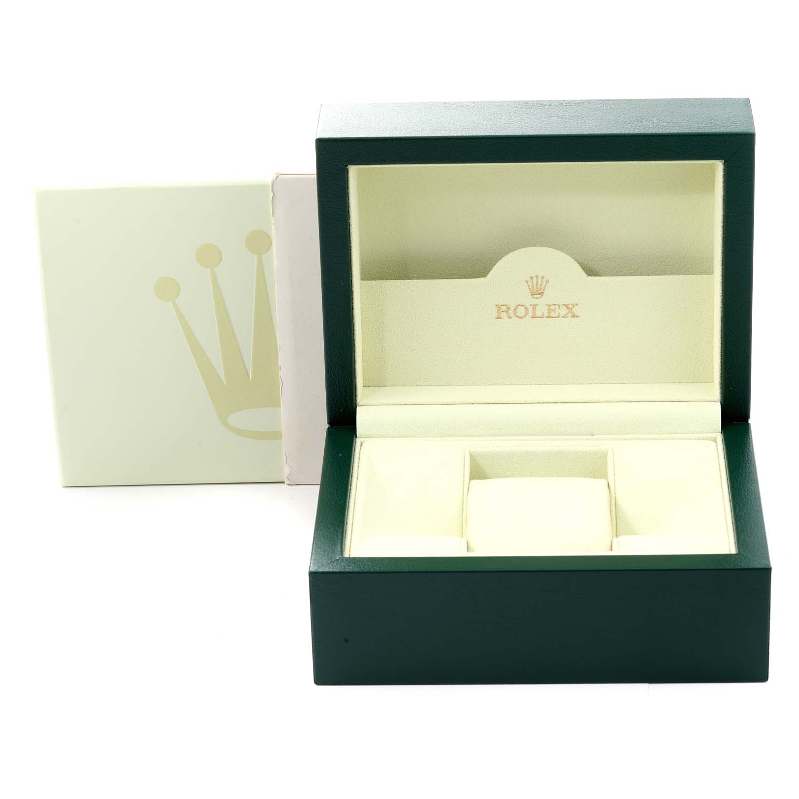 The image shows an open green Rolex Datejust 116244 Men's Stainless Steel Black Dial 116244 Men's Stainless Steel Black Dial watch box with its lid lifted, revealing the interior compartments.