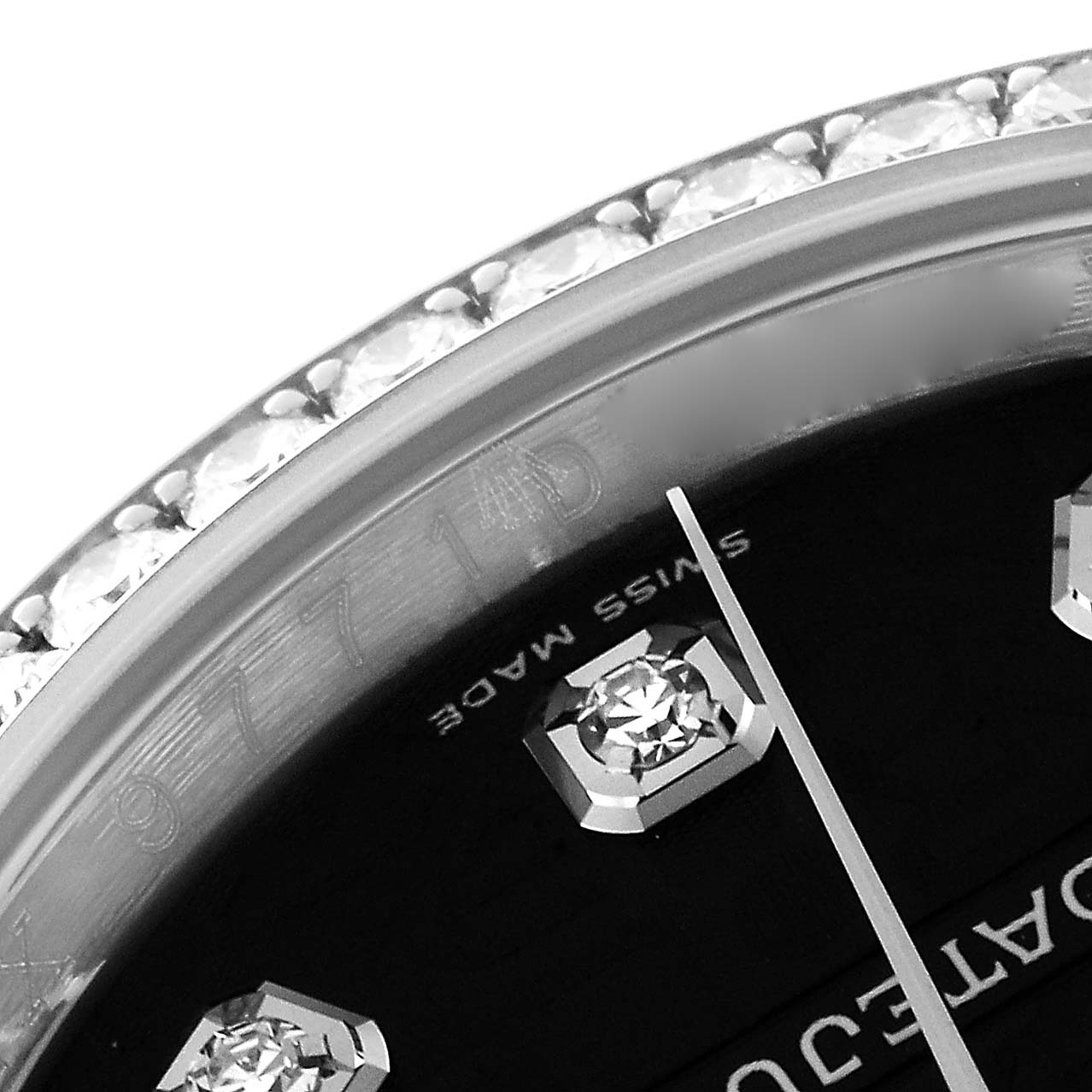 The image shows a close-up of the bezel, dial, and diamond markers on a Rolex Datejust 116244 Men's Stainless Steel Black Dial 116244 Men's Stainless Steel Black Dial watch.
