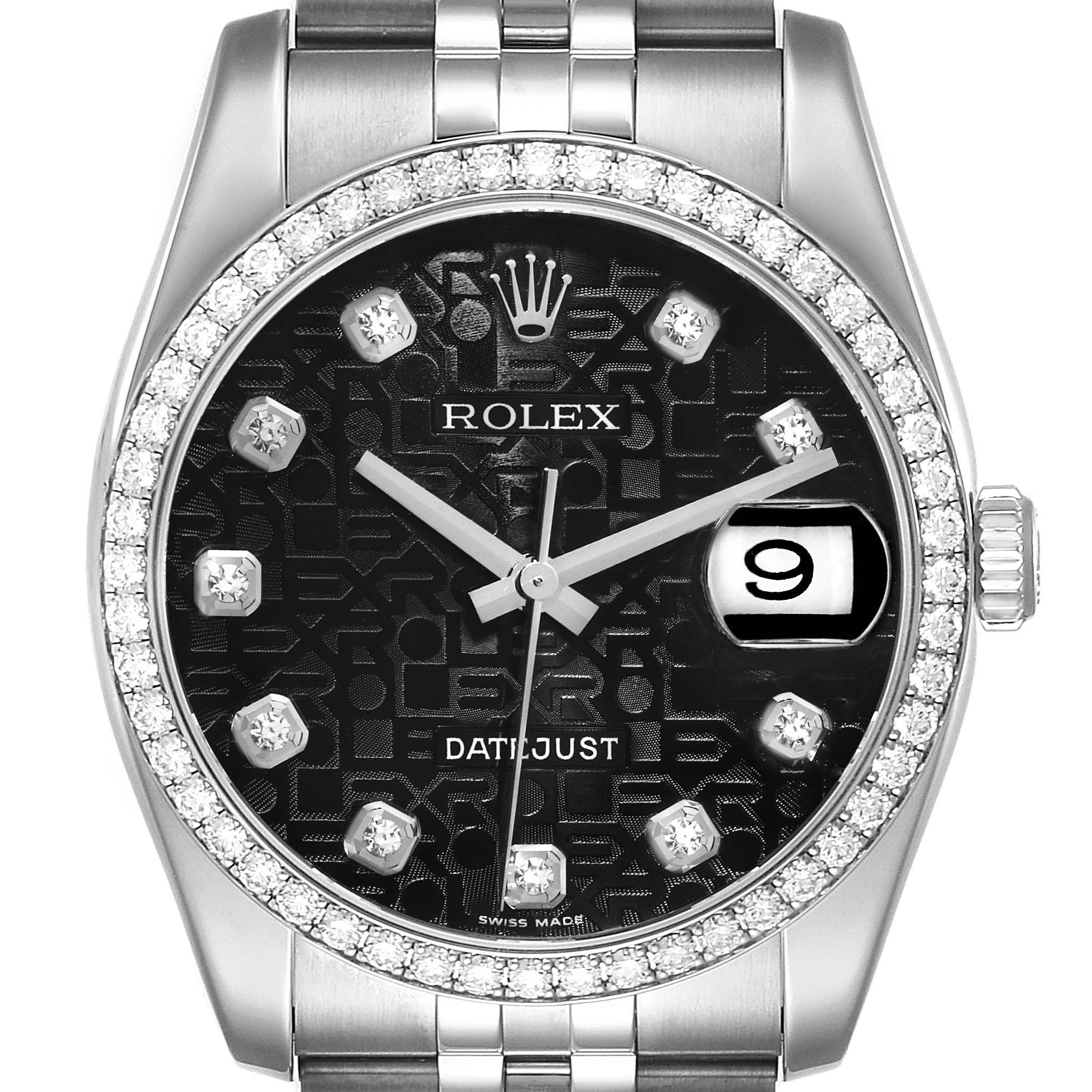 This image shows a close-up view of the dial and outer bezel of the Rolex Datejust 116244 Men's Stainless Steel Black Dial 116244 Men's Stainless Steel Black Dial watch, including the brand name, crown, and date window.
