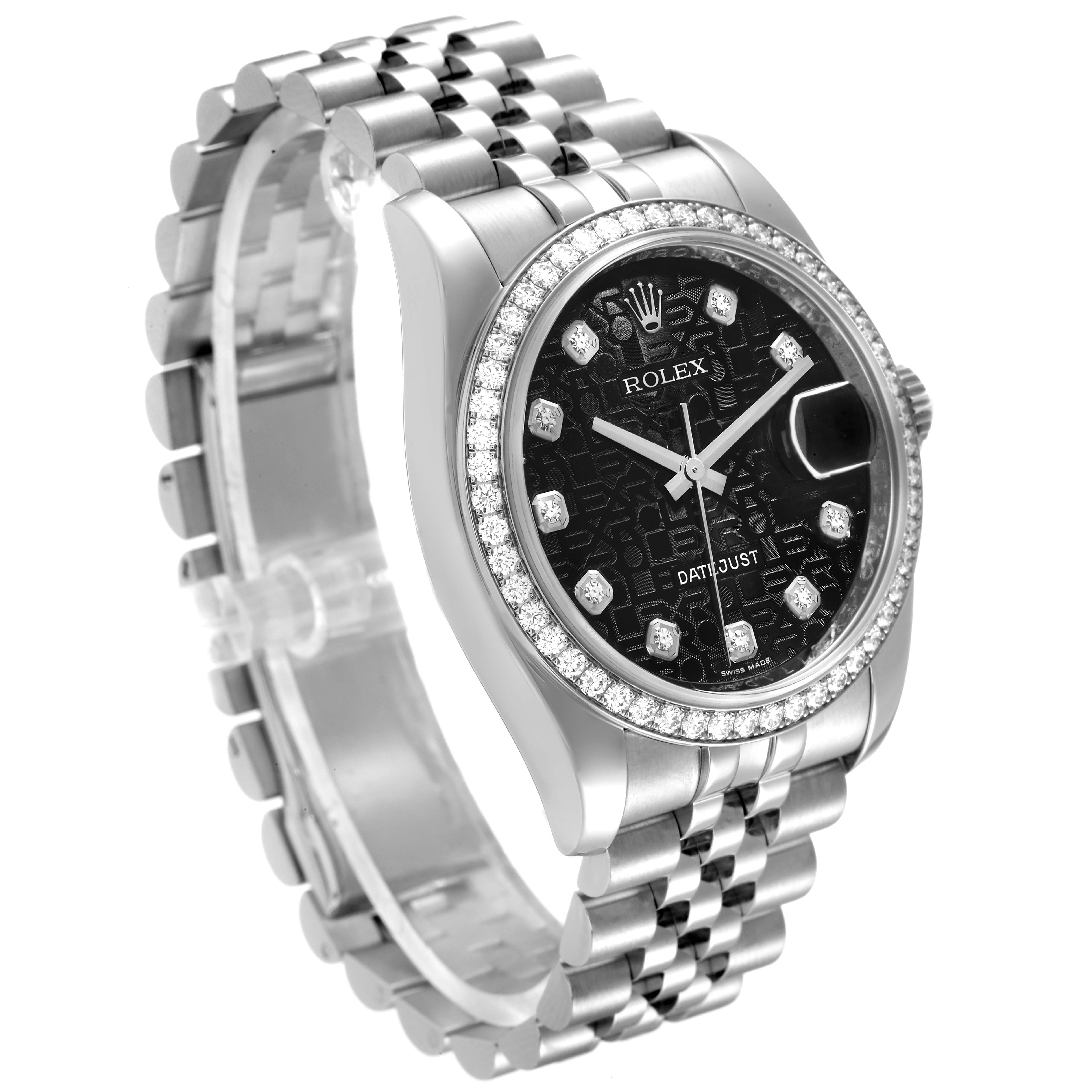 The image shows a Rolex Datejust 116244 Men's Stainless Steel Black Dial 116244 Men's Stainless Steel Black Dial watch from an angled side view, showcasing the case, bezel, dial, and bracelet.