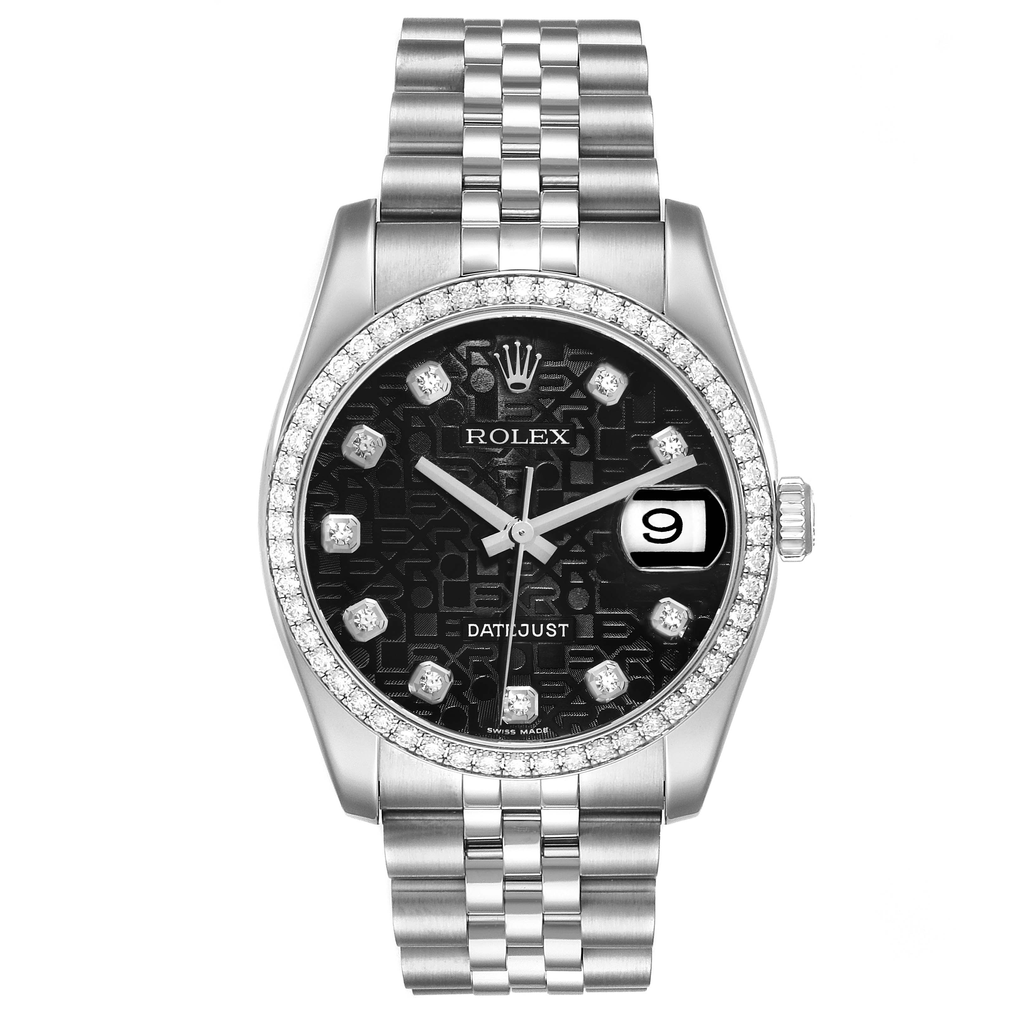 The image shows a front view of the Rolex Datejust 116244 Men's Stainless Steel Black Dial 116244 Men's Stainless Steel Black Dial watch, highlighting its face, bezel, and bracelet.