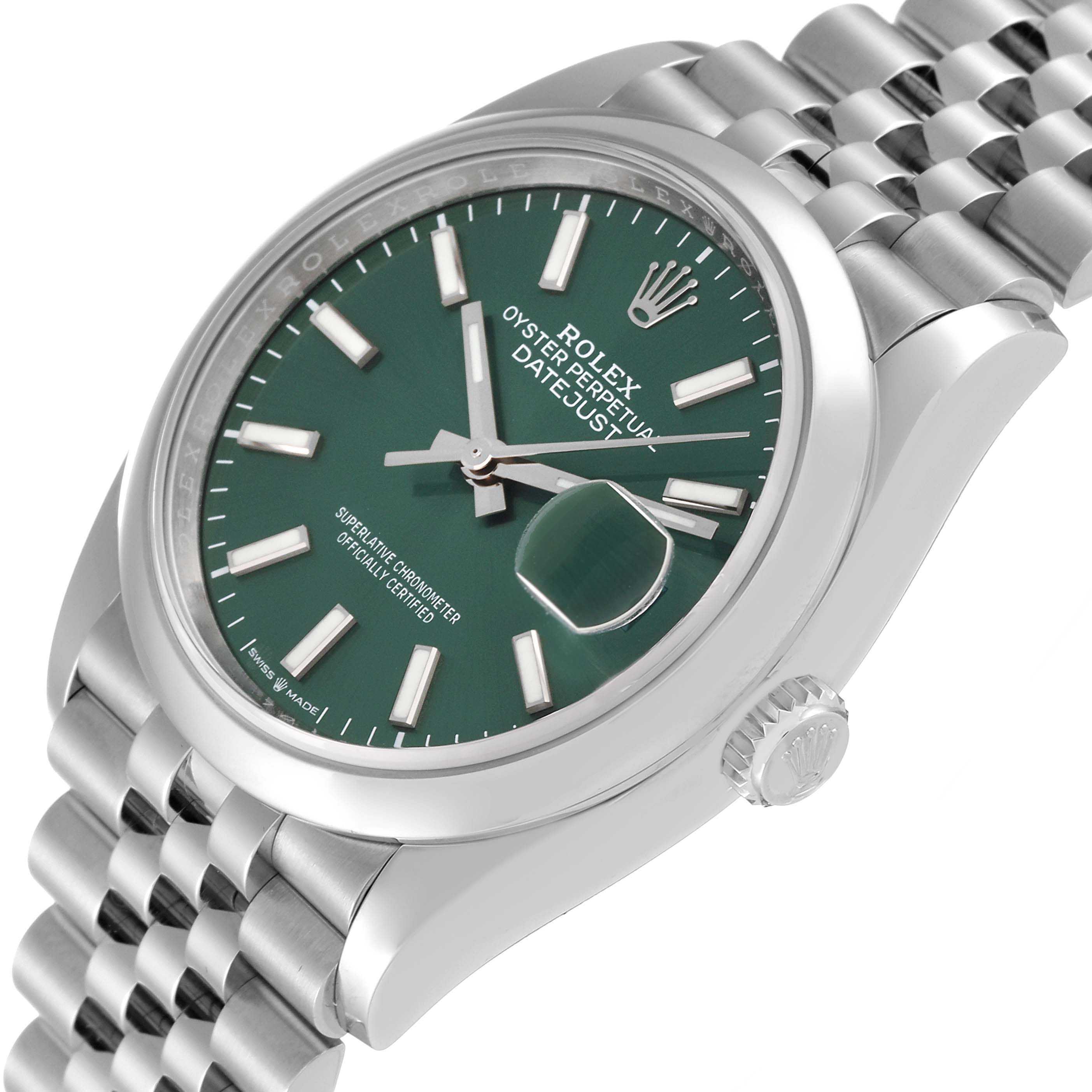 This Rolex Datejust 126200 Men's Stainless Steel Green Dial 126200 Men's Stainless Steel Green Dial watch is shown at a slight angle, highlighting its green dial, date window with magnification, and stainless steel bracelet.
