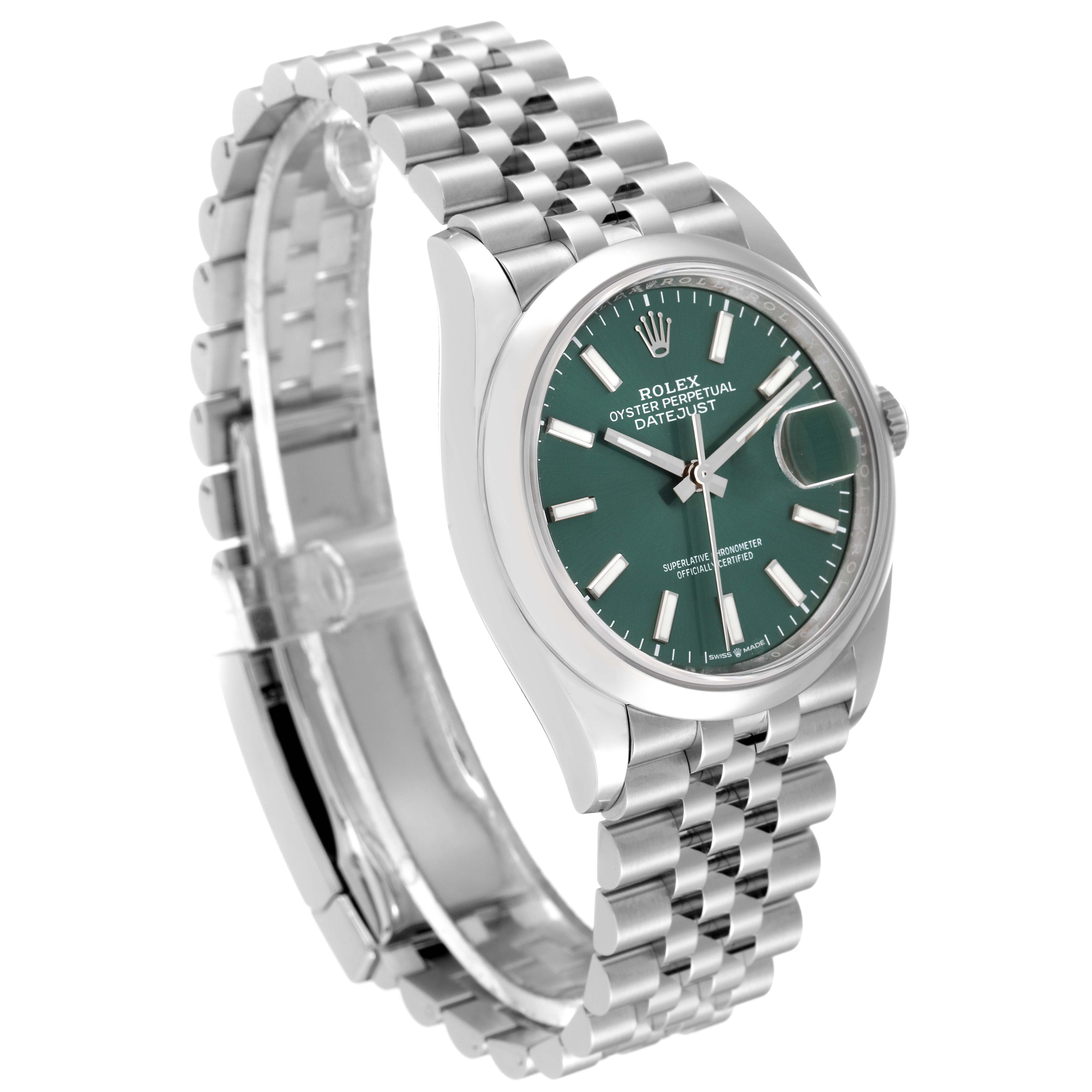 This image shows a Rolex Datejust 126200 Men's Stainless Steel Green Dial 126200 Men's Stainless Steel Green Dial watch from a tilted front angle, highlighting its face, bezel, and bracelet.