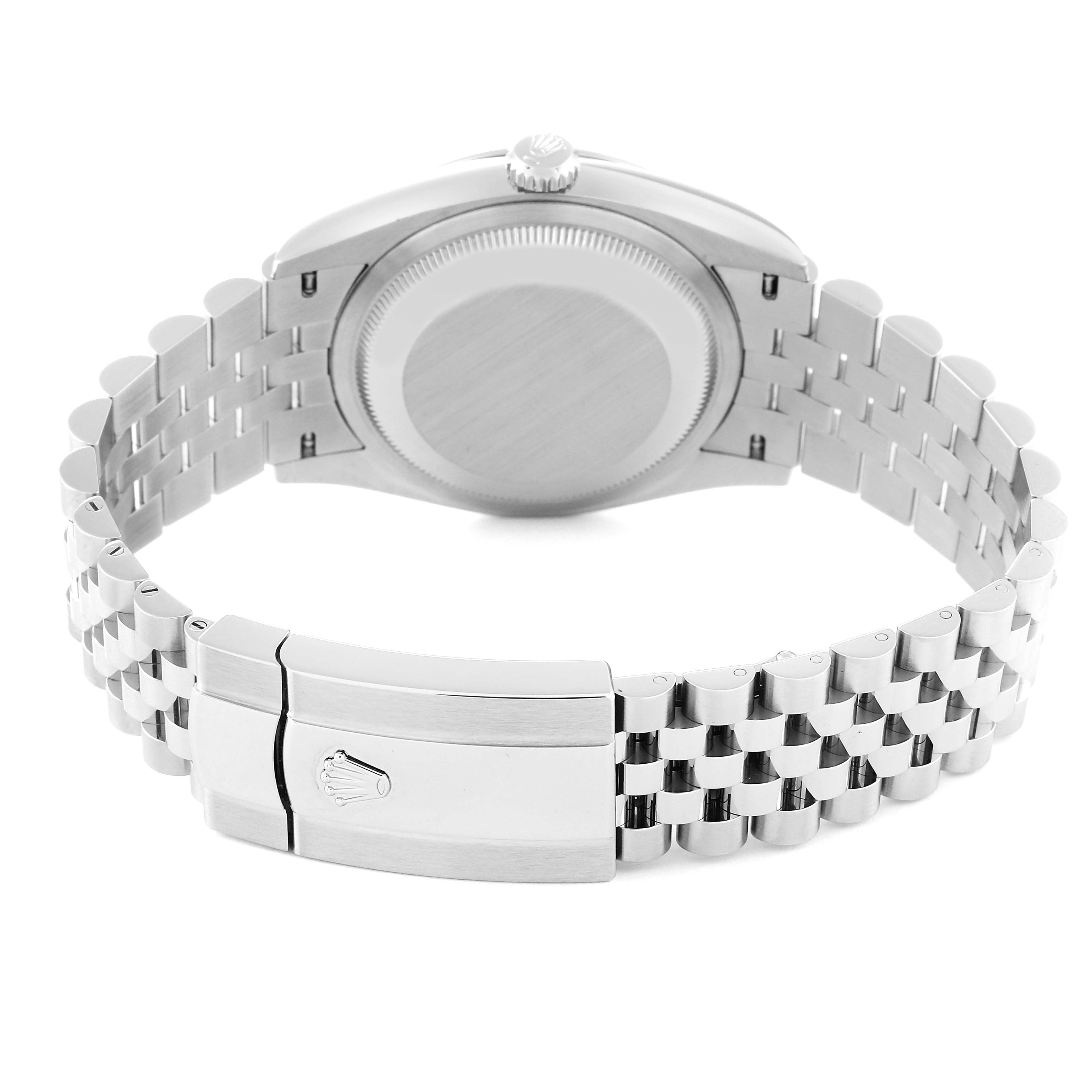 The image shows the back view of the Rolex Datejust 126200 Men's Stainless Steel Green Dial 126200 Men's Stainless Steel Green Dial watch, focusing on the case back and the jubilee bracelet with its clasp.