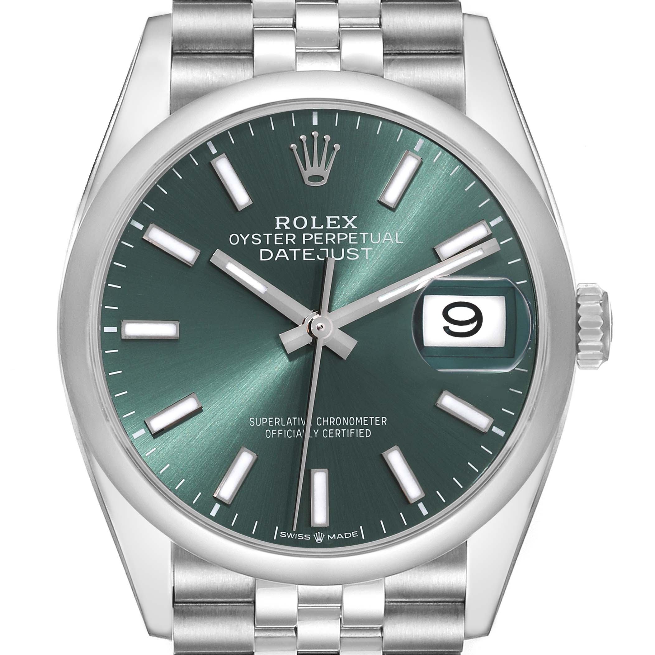 This image shows a frontal view of a Rolex Datejust 126200 Men's Stainless Steel Green Dial 126200 Men's Stainless Steel Green Dial watch, featuring its green dial, date window, and steel bracelet.