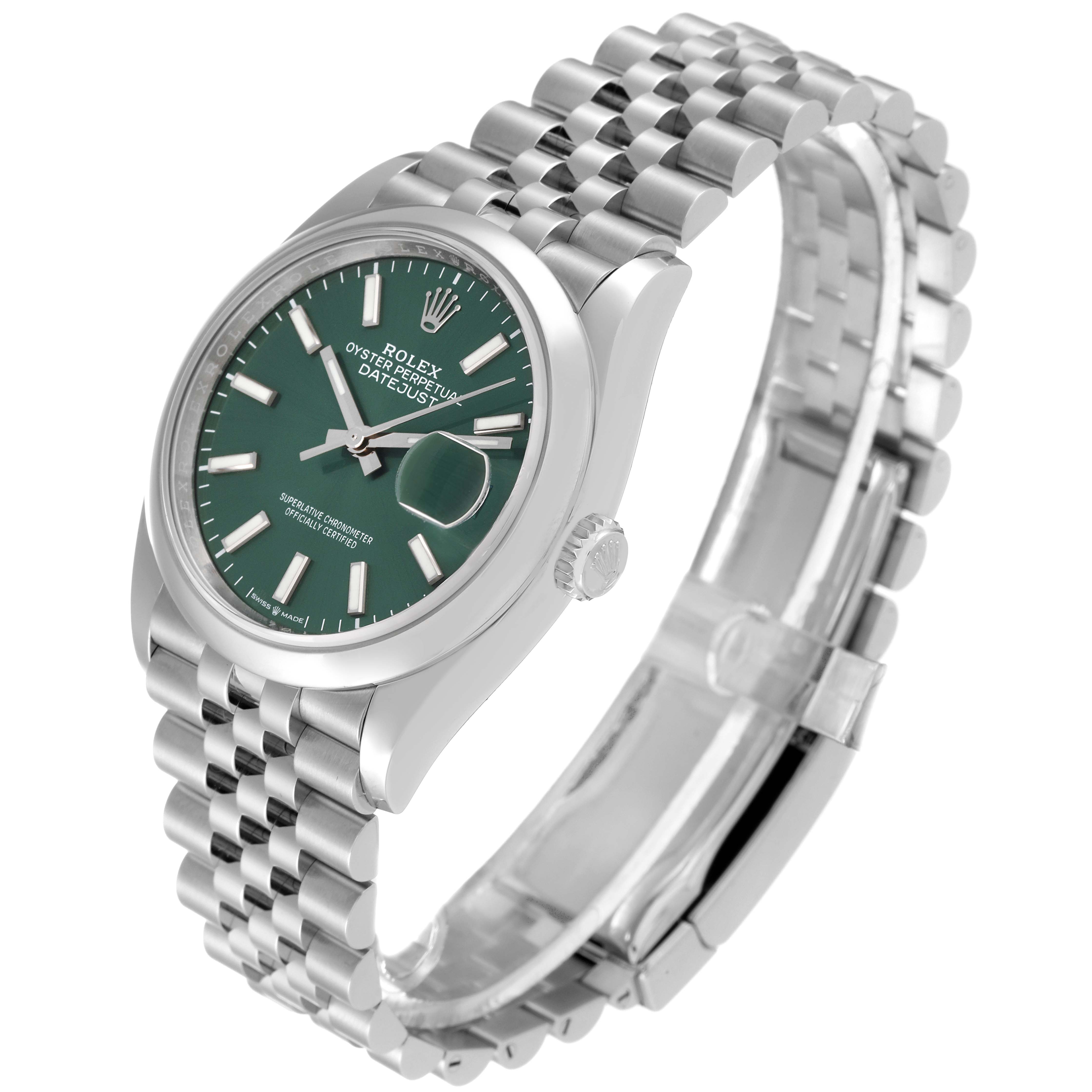 This image shows a Rolex Datejust 126200 Men's Stainless Steel Green Dial 126200 Men's Stainless Steel Green Dial watch at a slight angle, revealing the face, bezel, crown, and part of the bracelet.