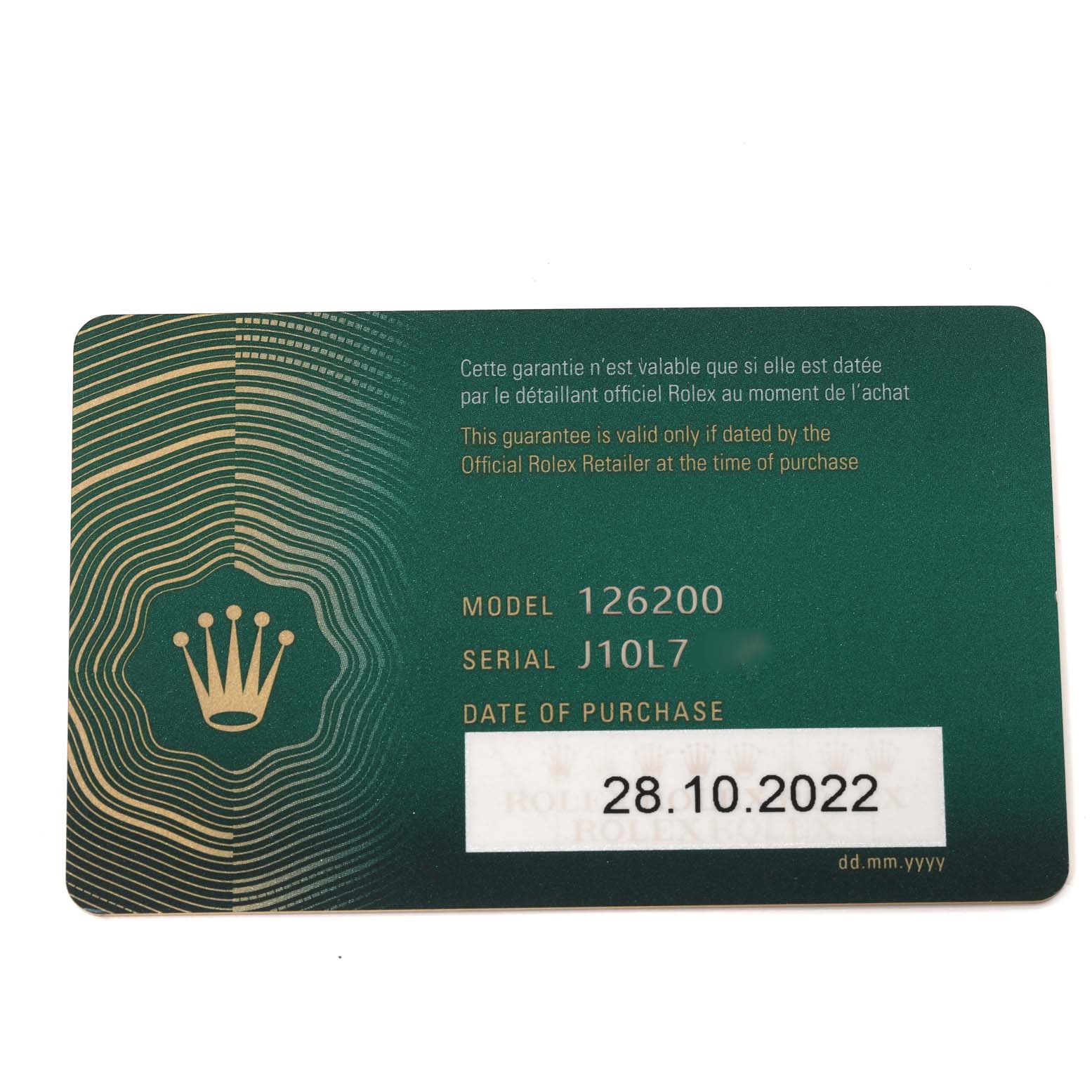 The image shows a green warranty card for the Rolex Datejust 126200 Men's Stainless Steel Green Dial 126200 Men's Stainless Steel Green Dial model 126200.