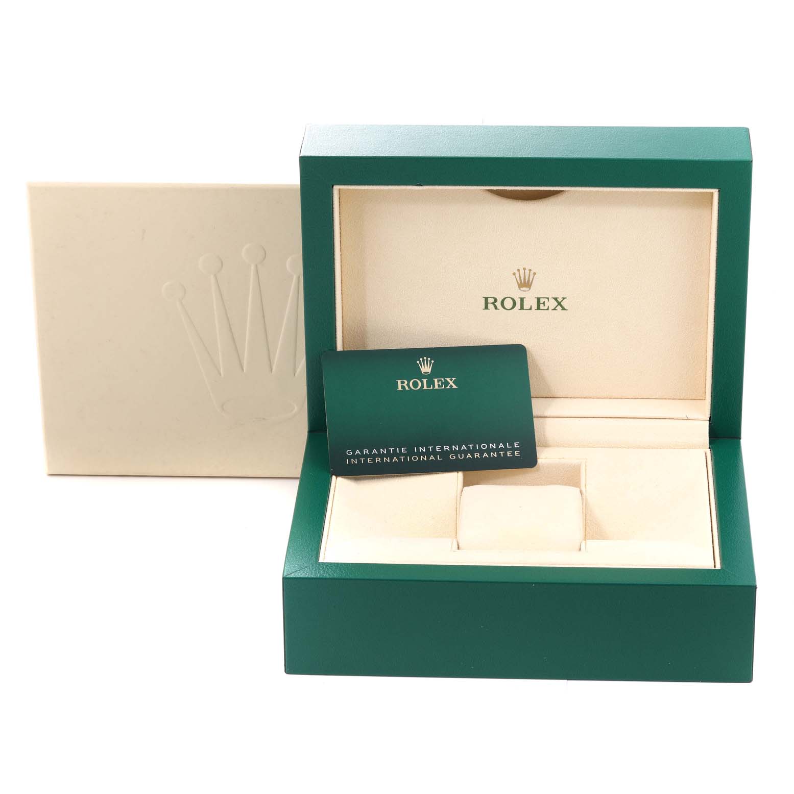 The image shows an open Rolex Datejust 126200 Men's Stainless Steel Green Dial 126200 Men's Stainless Steel Green Dial watch box with its warranty card placed inside at a front-facing angle.