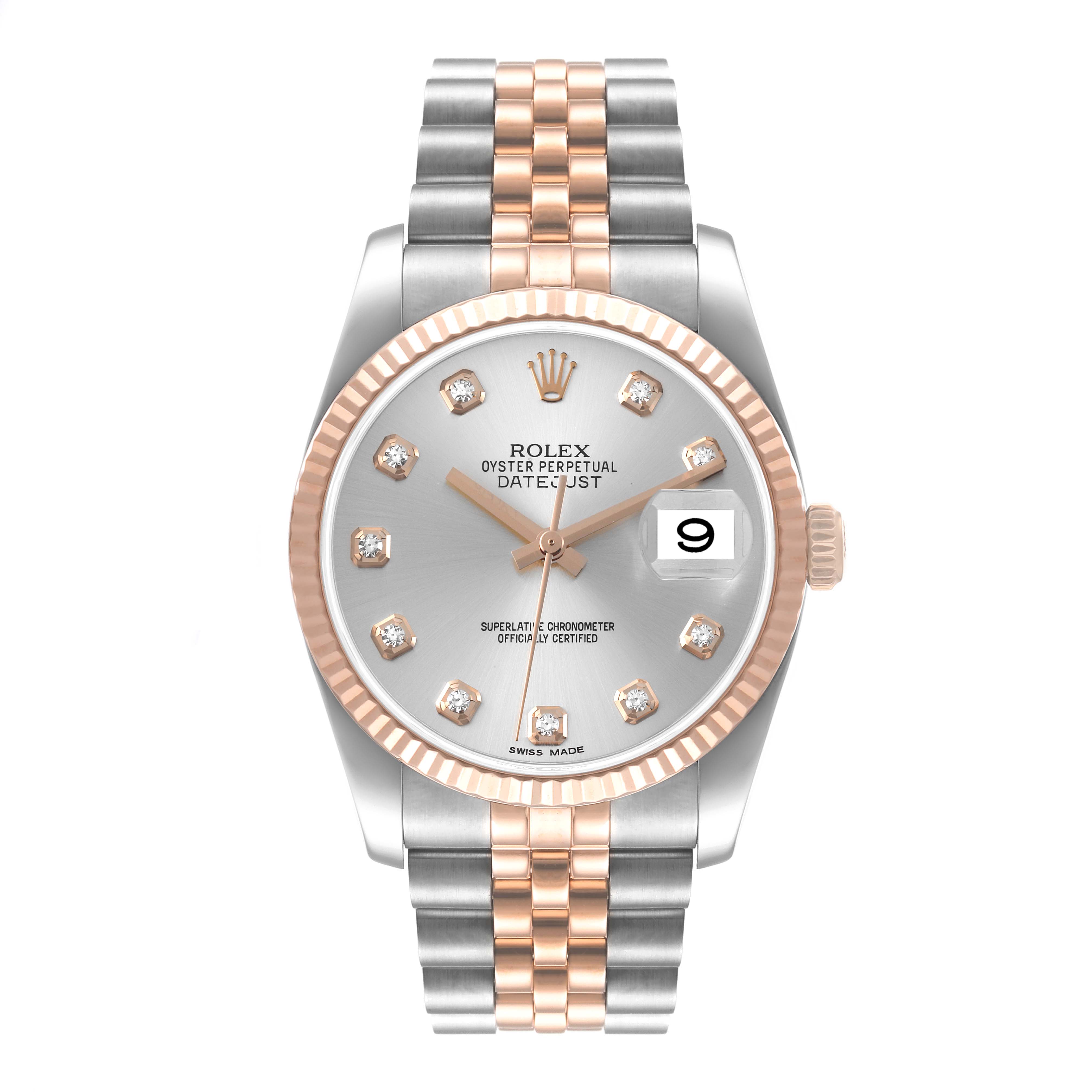 The Rolex Datejust 116231 Men's Steel and Gold (two tone) Silver Dial 116231 Men's Steel and Gold (two tone) Silver Dial watch is shown from a top-down angle, displaying its face, bezel, and bracelet.