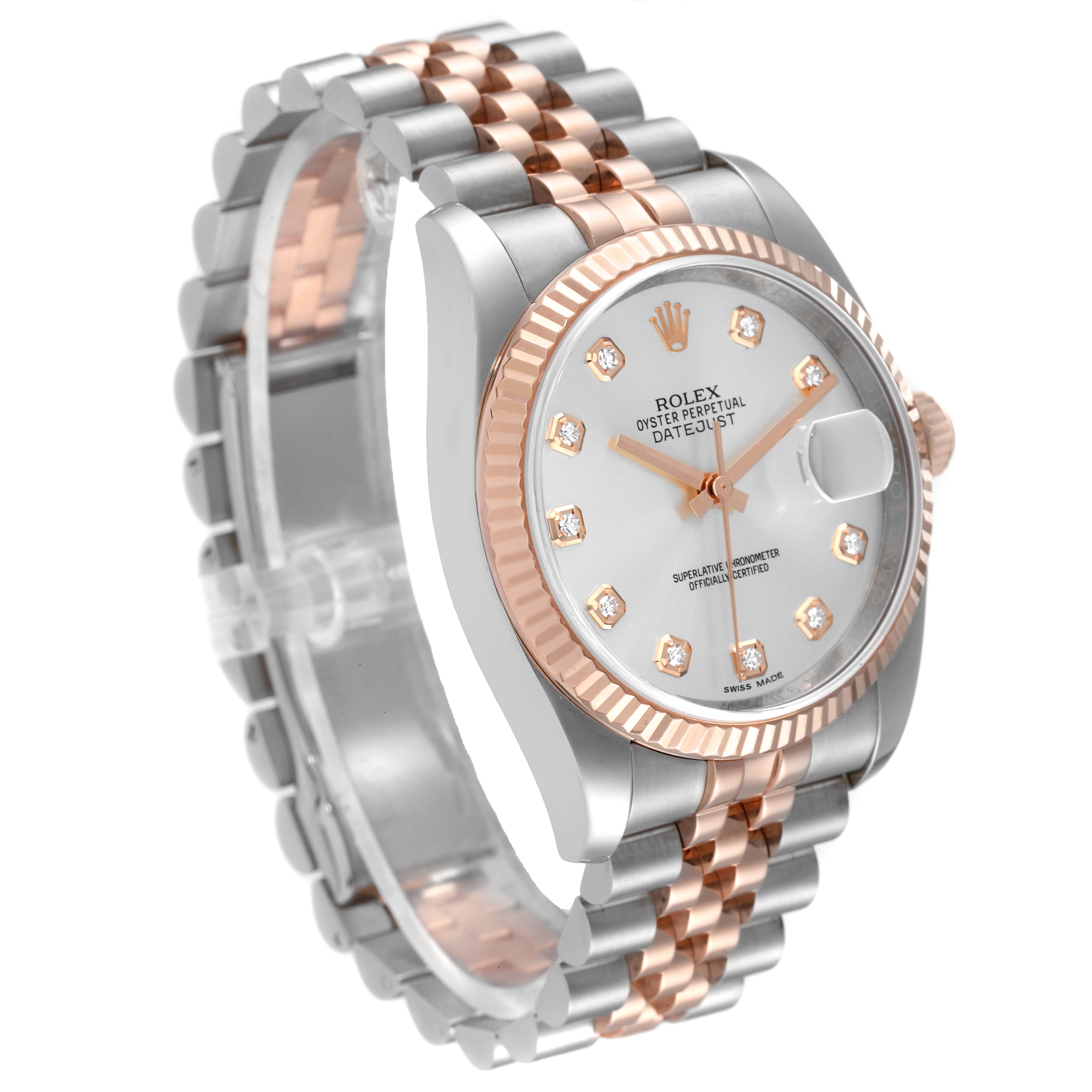 The Rolex Datejust 116231 Men's Steel and Gold (two tone) Silver Dial 116231 Men's Steel and Gold (two tone) Silver Dial watch is shown at a three-quarter angle, highlighting its dial, bezel, and two-tone bracelet.