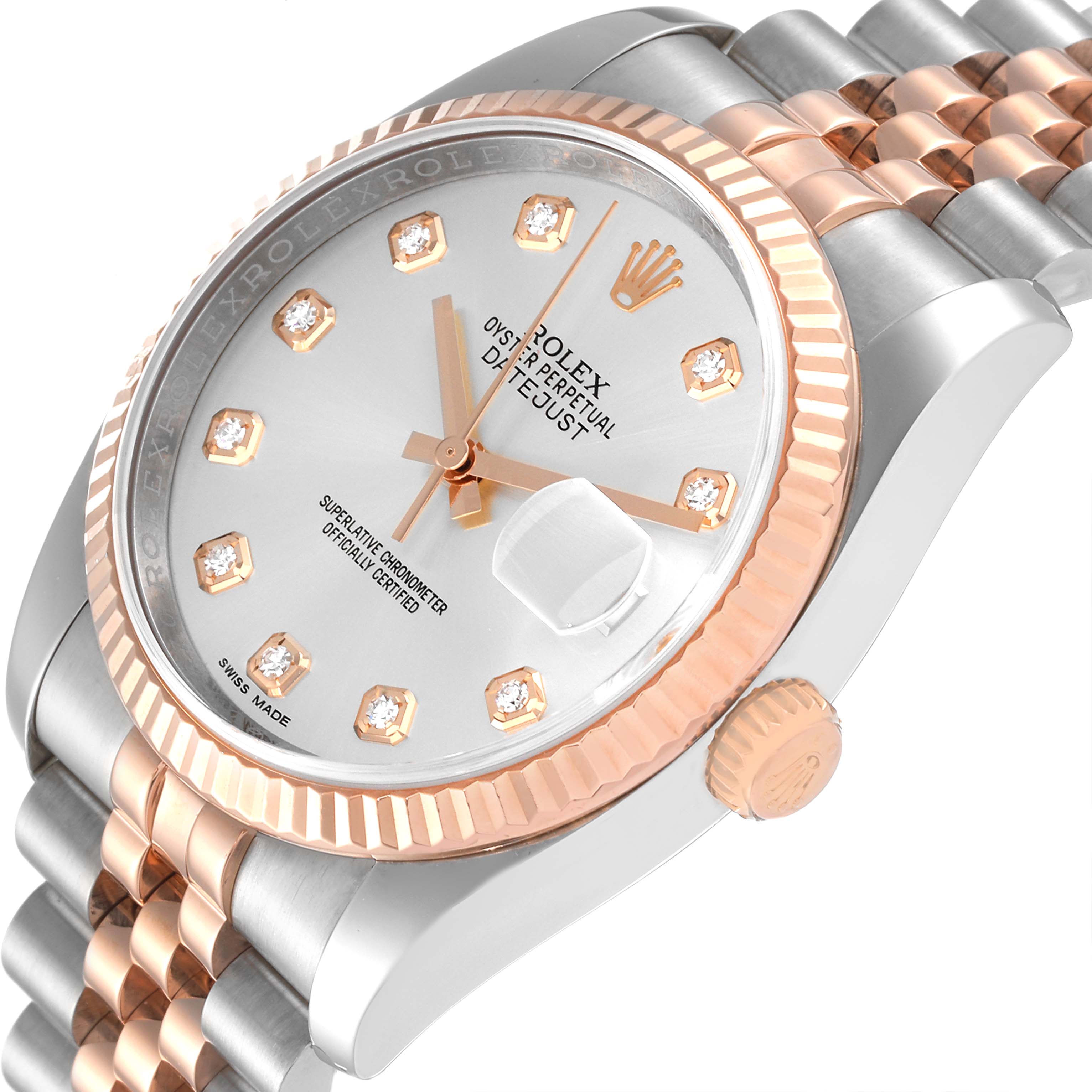 The image shows a close-up angle of the Rolex Datejust 116231 Men's Steel and Gold (two tone) Silver Dial 116231 Men's Steel and Gold (two tone) Silver Dial model, highlighting the dial, bezel, crown, and part of the bracelet.