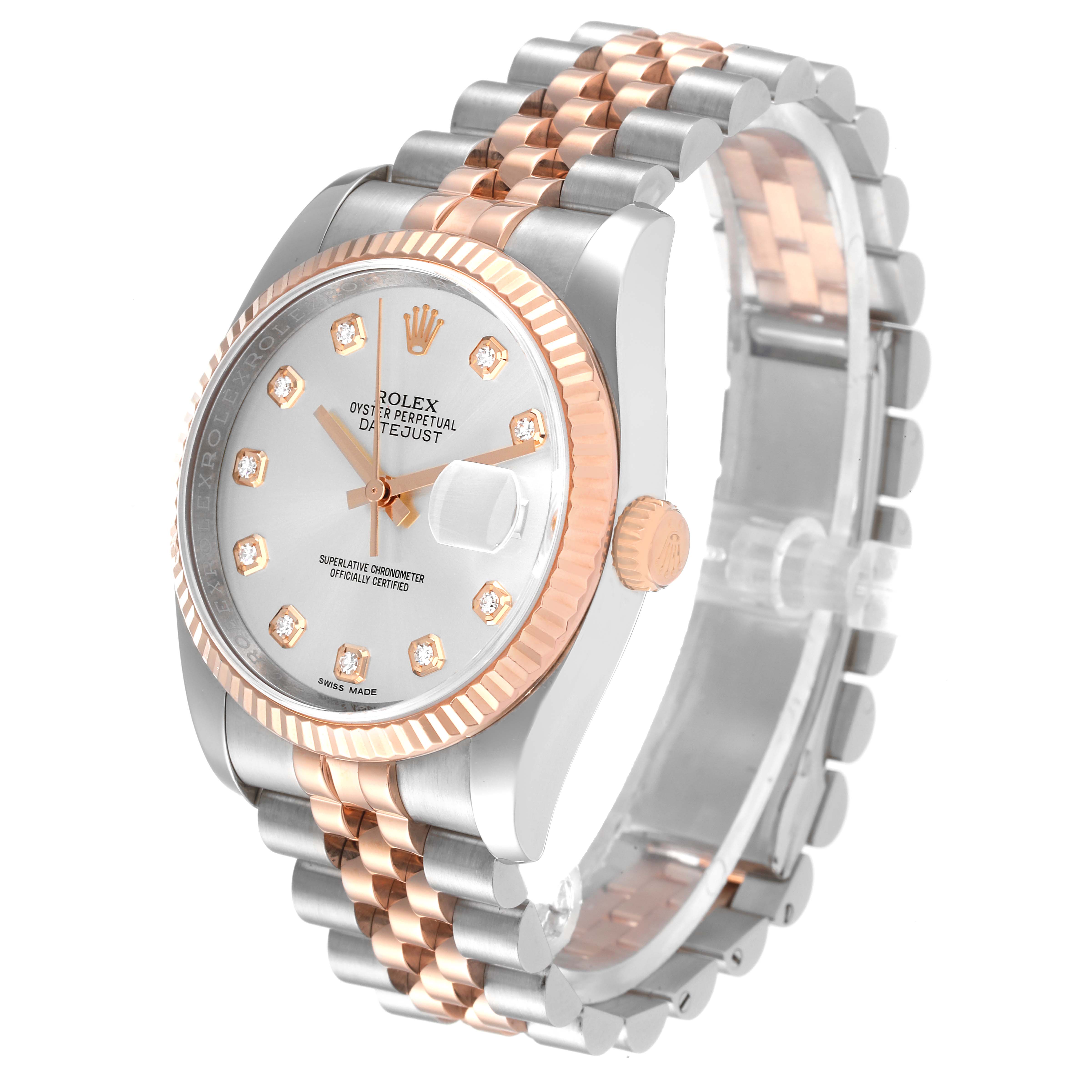 The image shows a Rolex Datejust 116231 Men's Steel and Gold (two tone) Silver Dial 116231 Men's Steel and Gold (two tone) Silver Dial watch at a three-quarter angle, highlighting its dial, bezel, and bracelet.