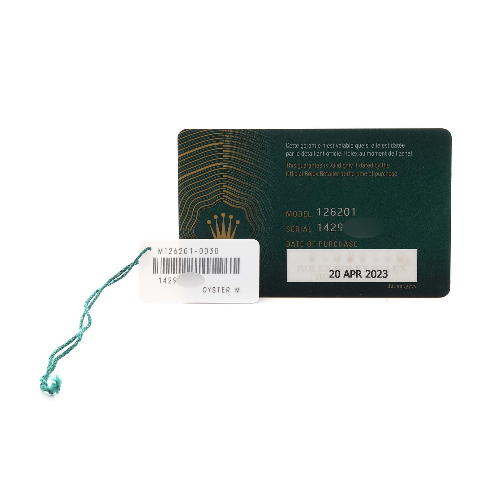 The image shows a warranty card and tag for a Rolex Datejust 126201 Men's Steel and Gold (two tone) Grey Dial model, highlighting model and serial numbers.
