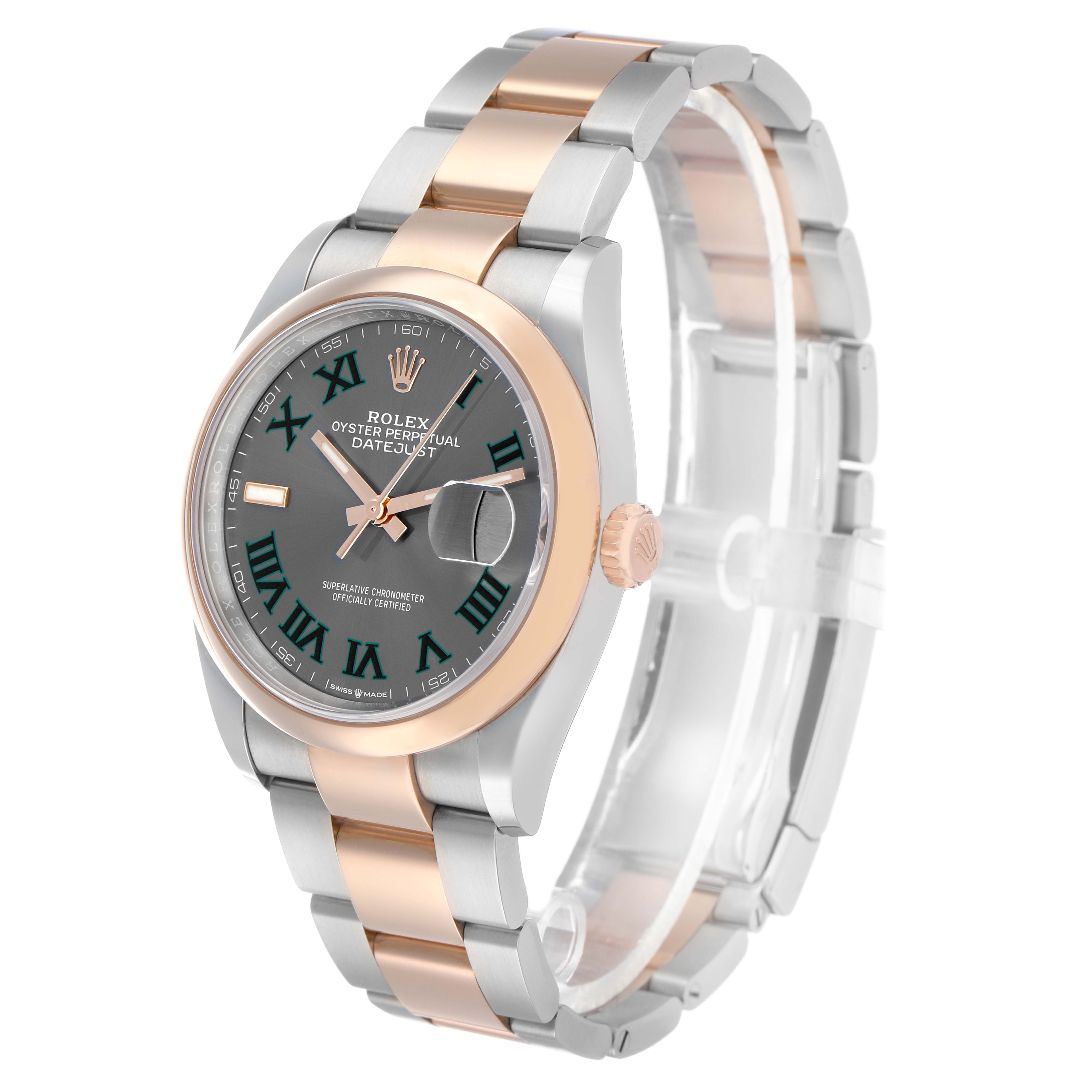 The Rolex Datejust 126201 Men's Steel and Gold (two tone) Grey Dial watch is shown at a 3/4 angle revealing the face, bezel, crown, and part of the bracelet.