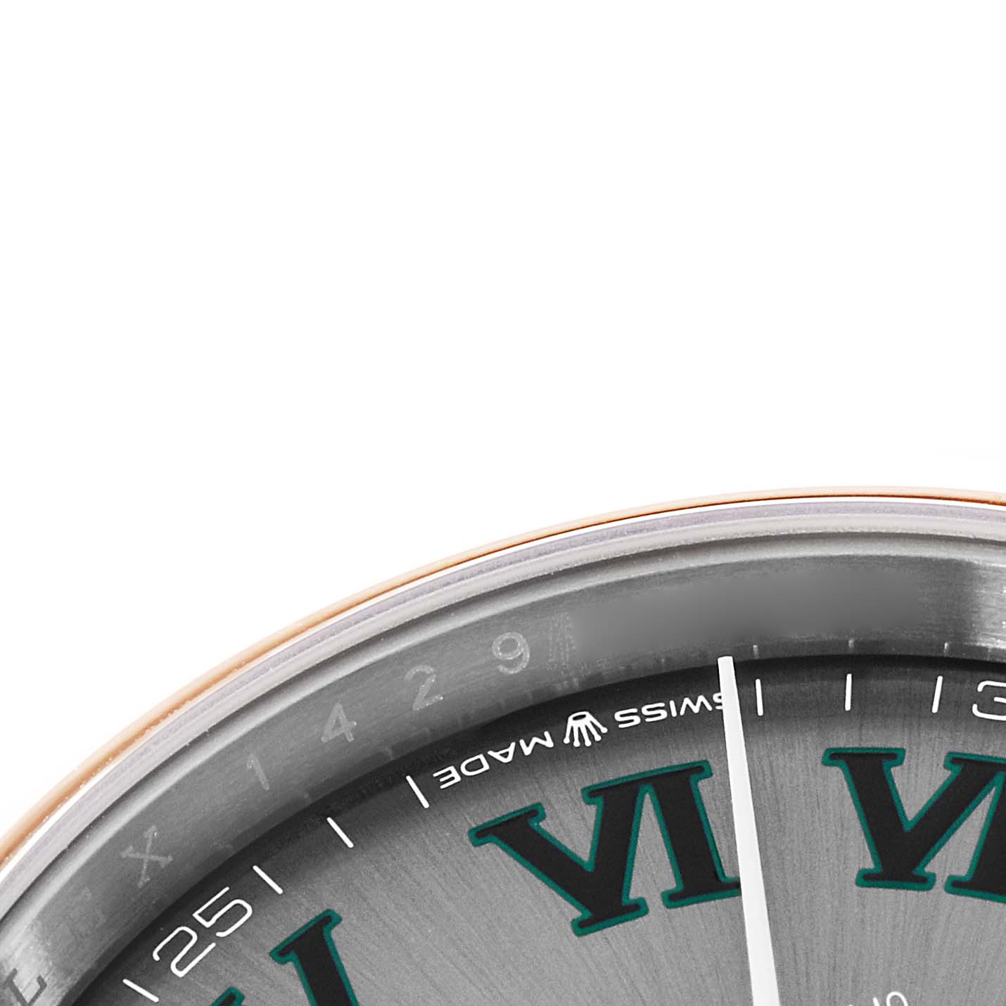 The image shows a close-up of a Rolex Datejust 126201 Men's Steel and Gold (two tone) Grey Dial watch face, focusing on the dial, Roman numerals, and partial bezel.