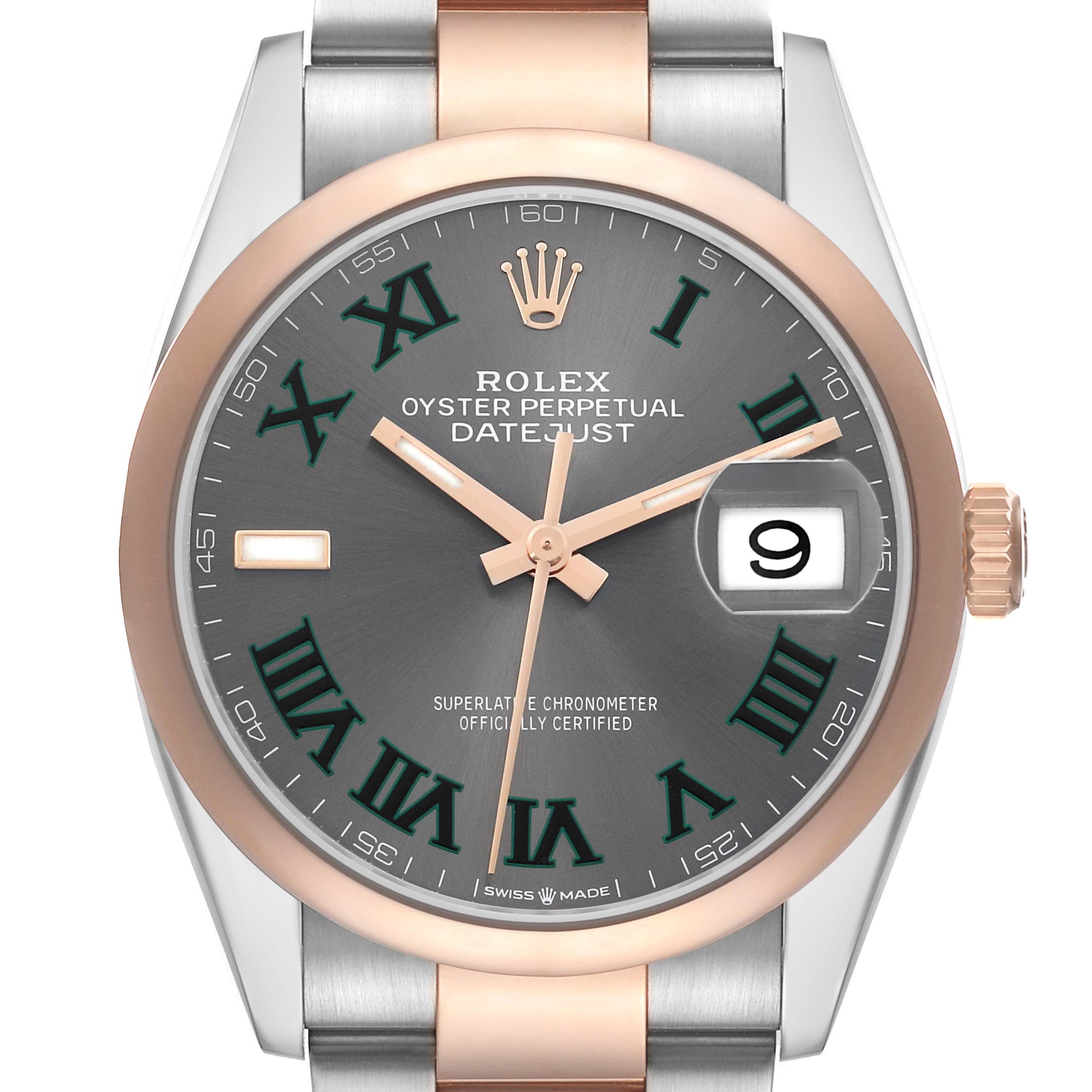 The Rolex Datejust 126201 Men's Steel and Gold (two tone) Grey Dial watch is shown from the front, highlighting the dial, hands, Roman numerals, date window, and bezel.
