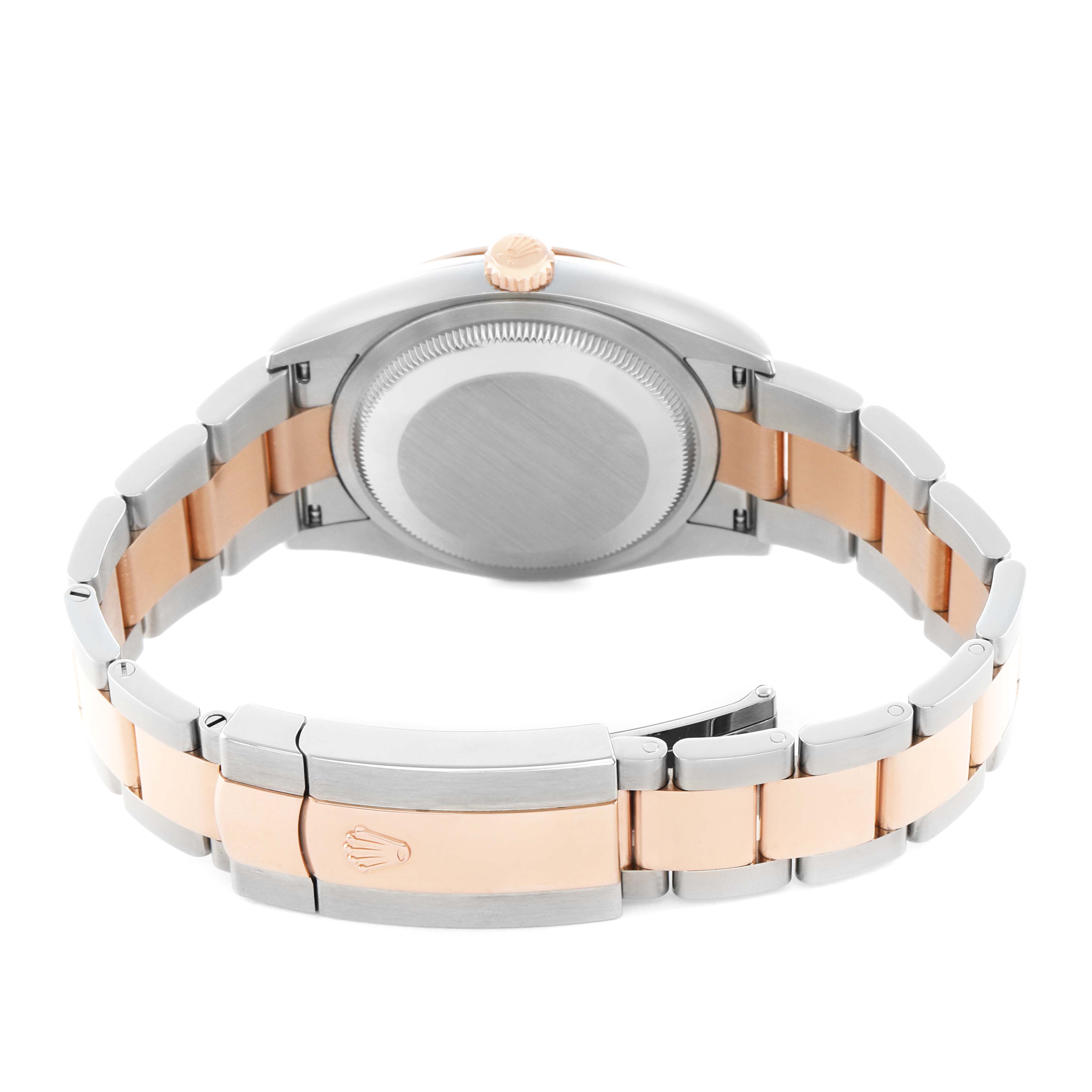 The Rolex Datejust 126201 Men's Steel and Gold (two tone) Grey Dial is shown from the back, highlighting the case back, crown, and two-tone bracelet.