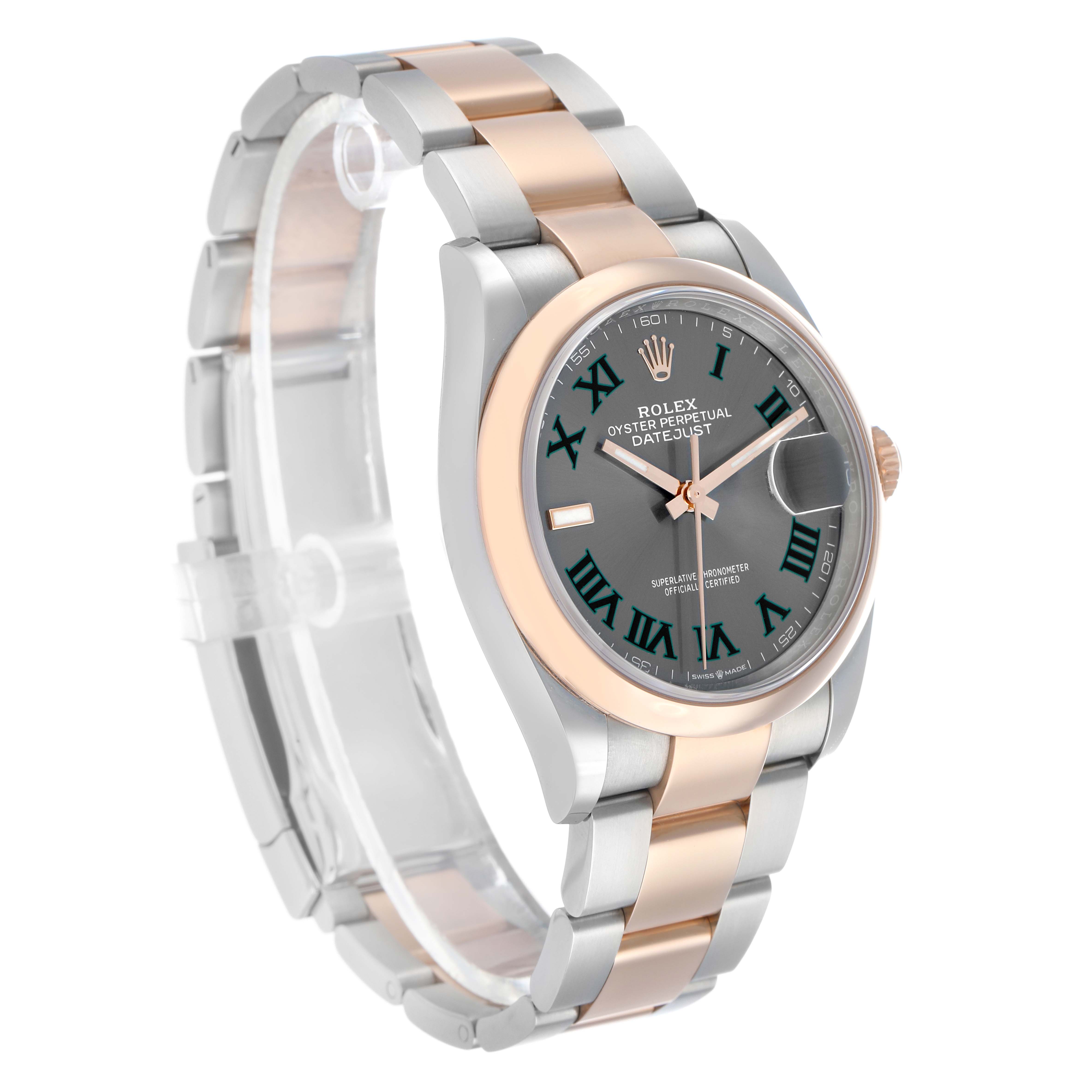 The Rolex Datejust 126201 Men's Steel and Gold (two tone) Grey Dial watch is shown at a three-quarter angle, displaying the face, bezel, and bracelet.