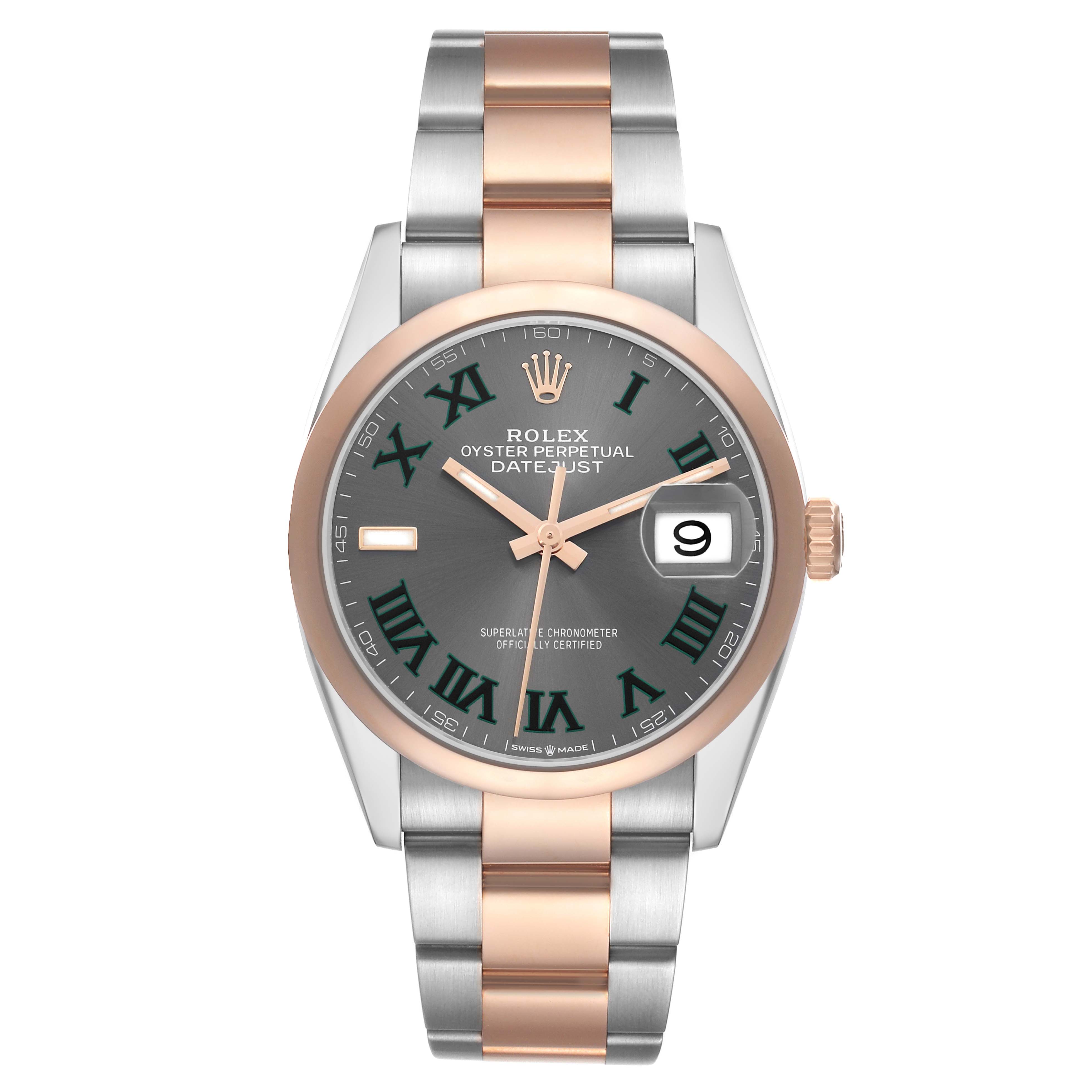 The Rolex Datejust 126201 Men's Steel and Gold (two tone) Grey Dial watch is shown from a front angle, highlighting the dial, bezel, and bracelet.