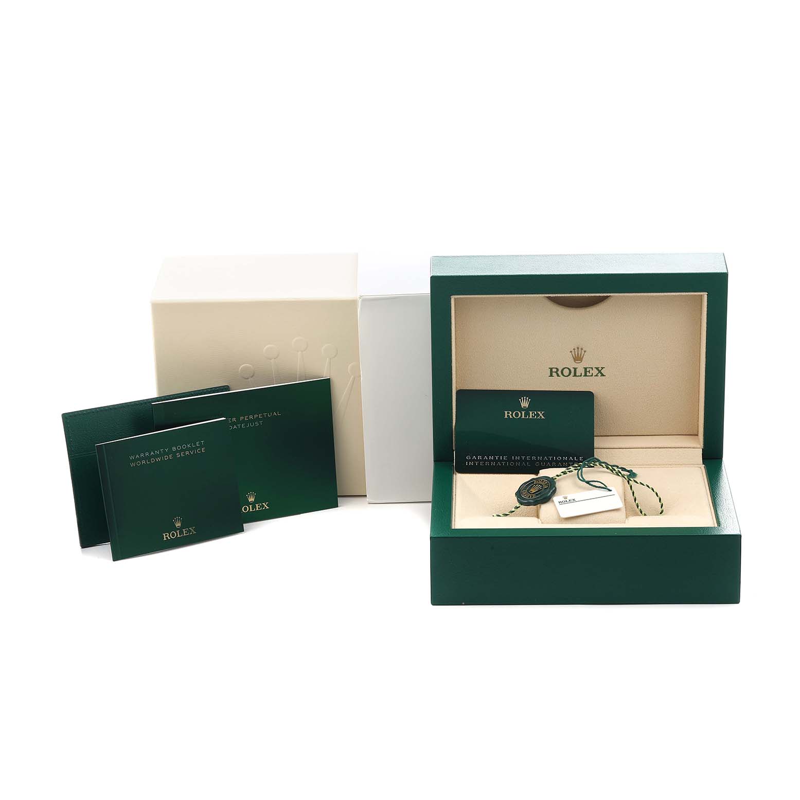 The image shows a Rolex Datejust 126201 Men's Steel and Gold (two tone) Grey Dial box set, including an open box, warranty booklet, and tags, viewed from the front.