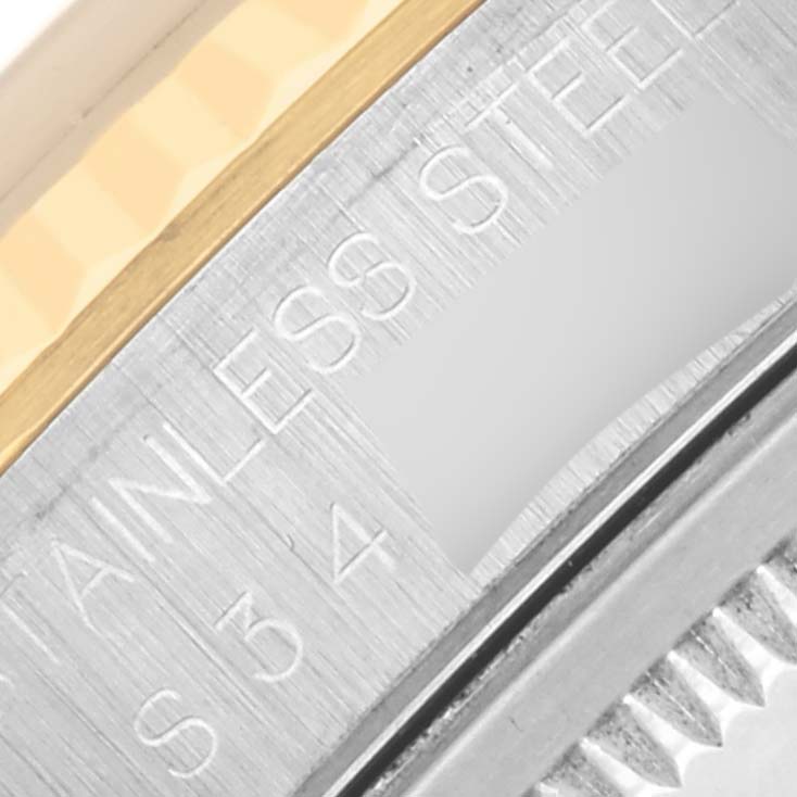 The image shows a close-up of the Rolex Datejust 16233 Men's Steel and Gold (two tone) Black Dial watch case, highlighting the stainless steel and gold components.