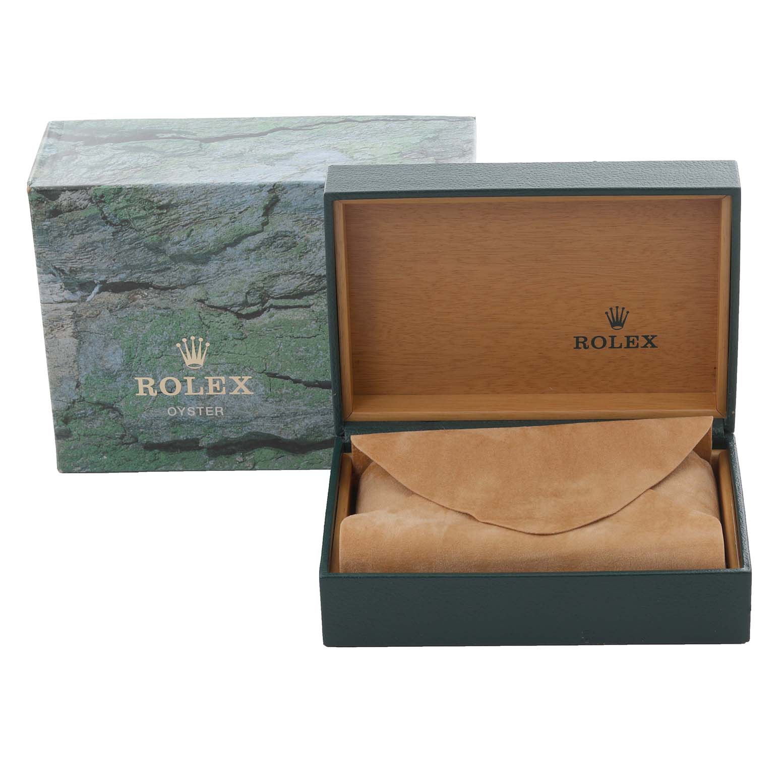 The image shows a Rolex Datejust 16233 Men's Steel and Gold (two tone) Black Dial watch box and case at an angle displaying the brand logo on both the outer and inner boxes.