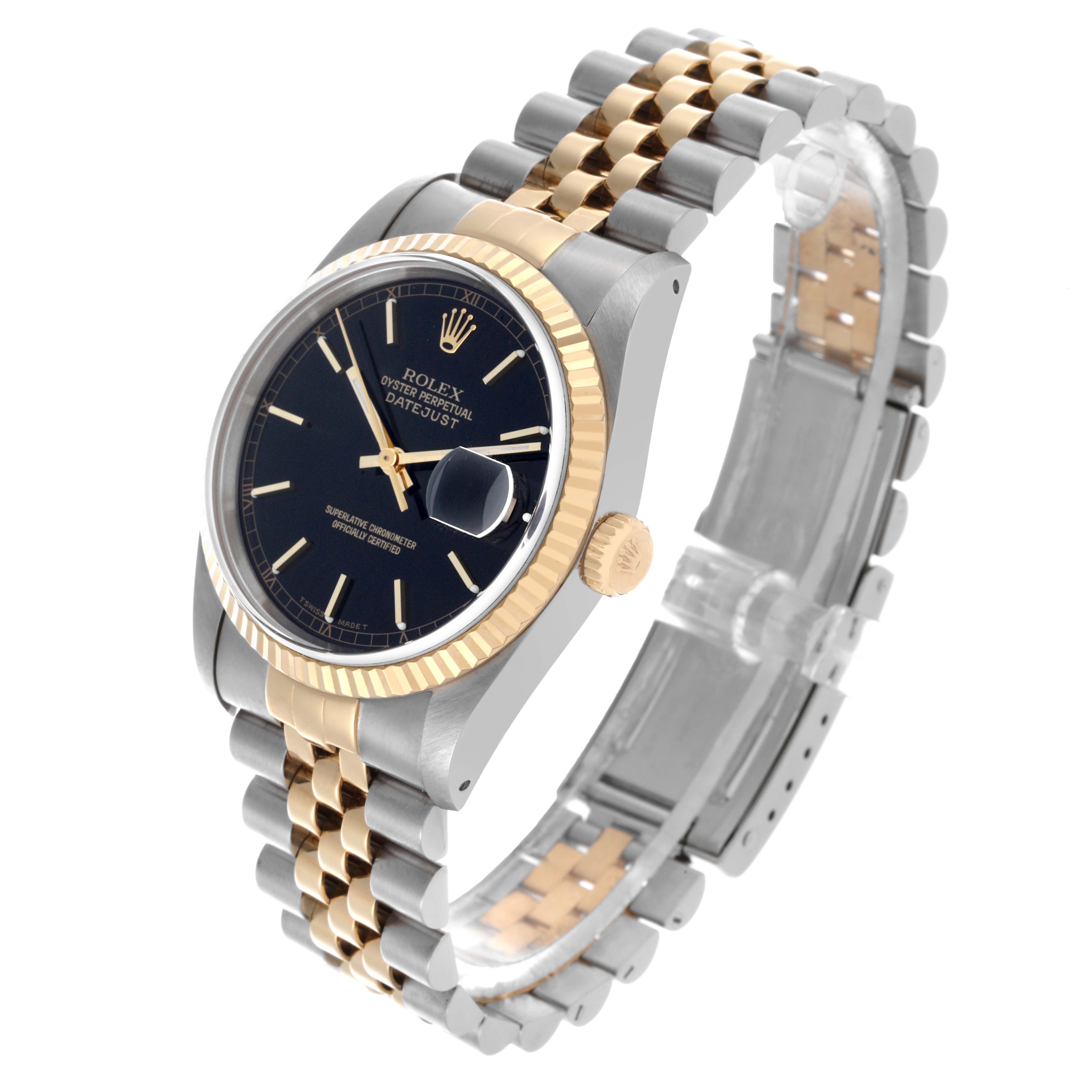 The Rolex Datejust 16233 Men's Steel and Gold (two tone) Black Dial watch is shown at a three-quarter angle, highlighting the dial, bezel, crown, and two-tone bracelet.