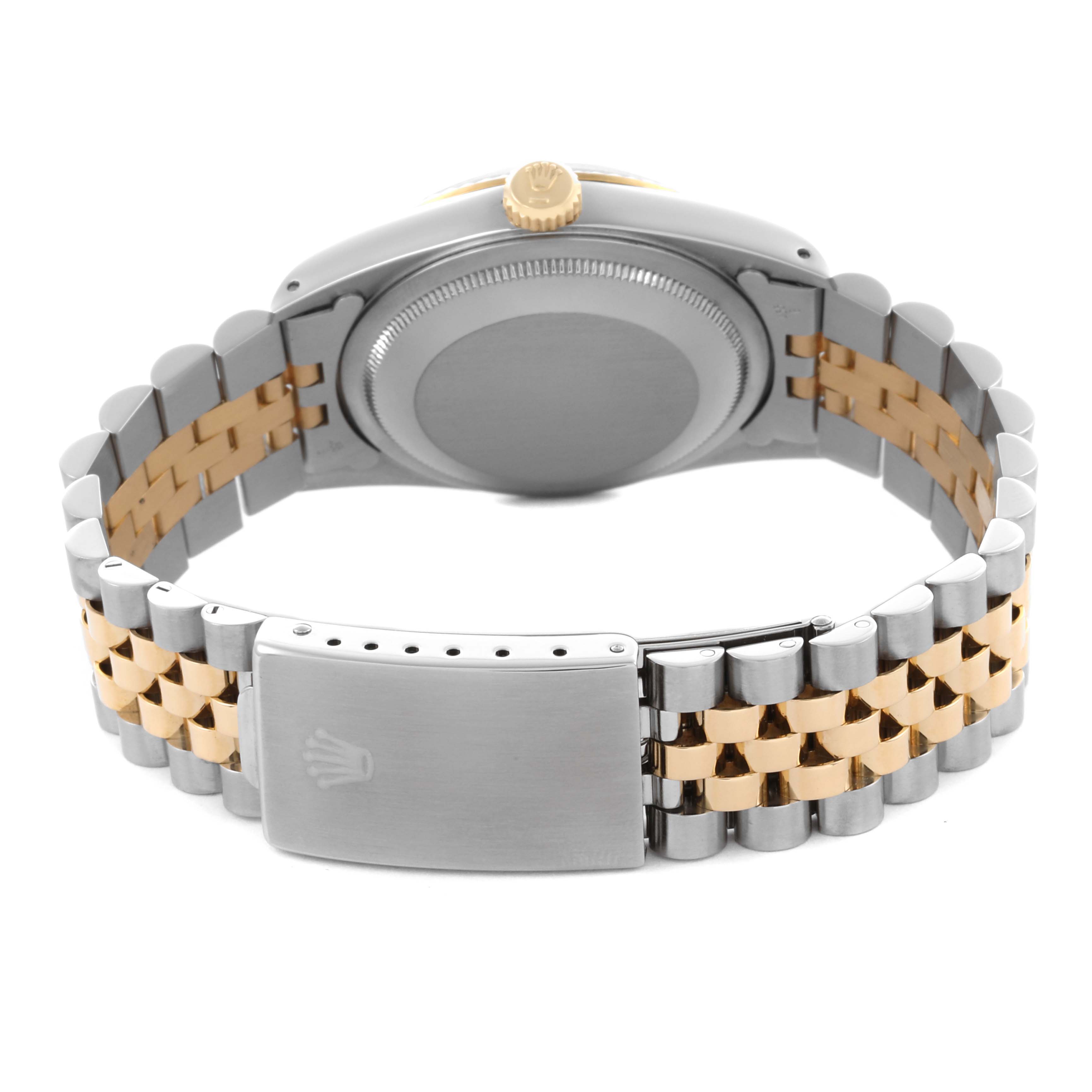 The image shows the back view of a Rolex Datejust 16233 Men's Steel and Gold (two tone) Black Dial, highlighting the case back, crown, and two-tone bracelet with clasp.