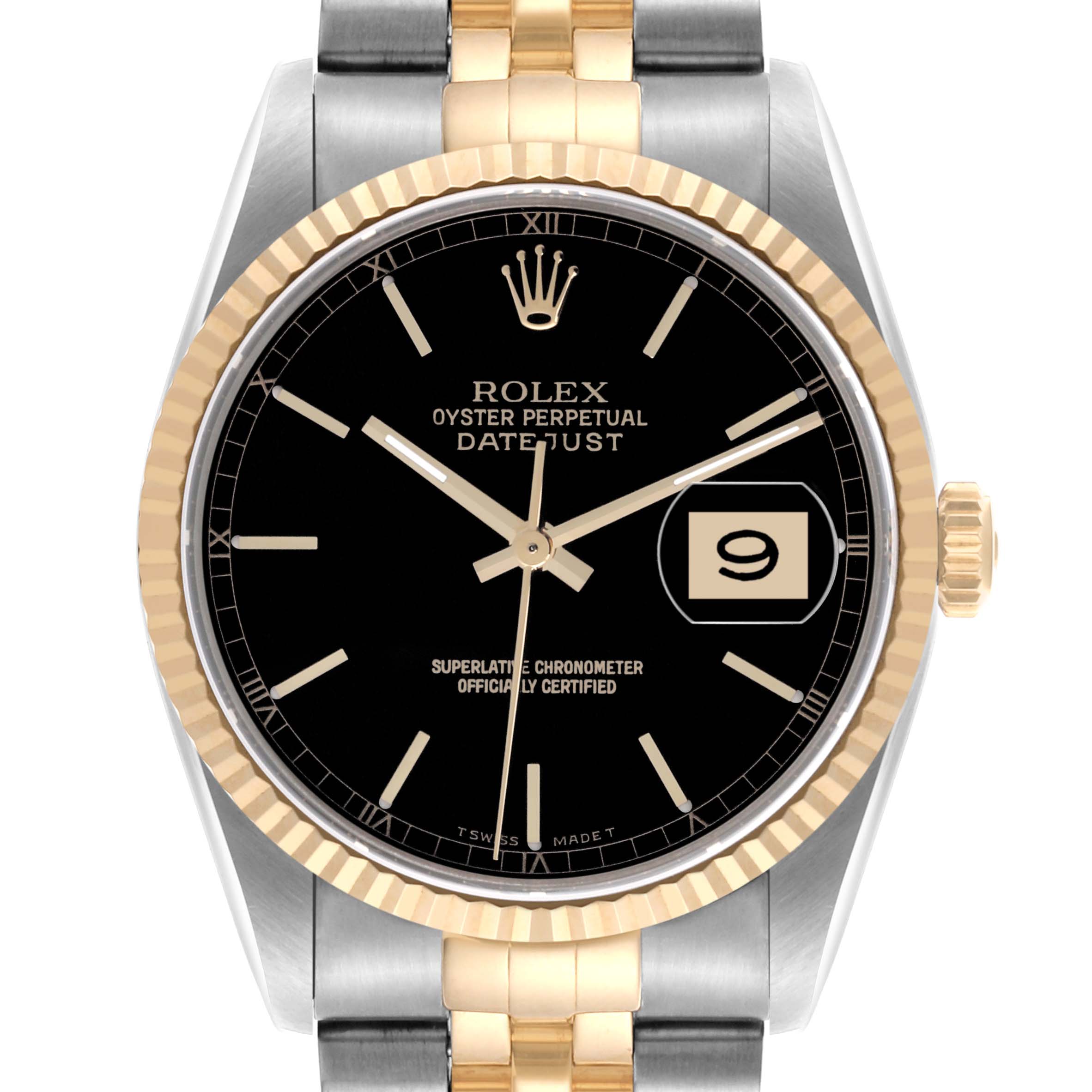 The Rolex Datejust 16233 Men's Steel and Gold (two tone) Black Dial watch is shown from the front, displaying the dial, hands, date, bezel, crown, and part of the bracelet.