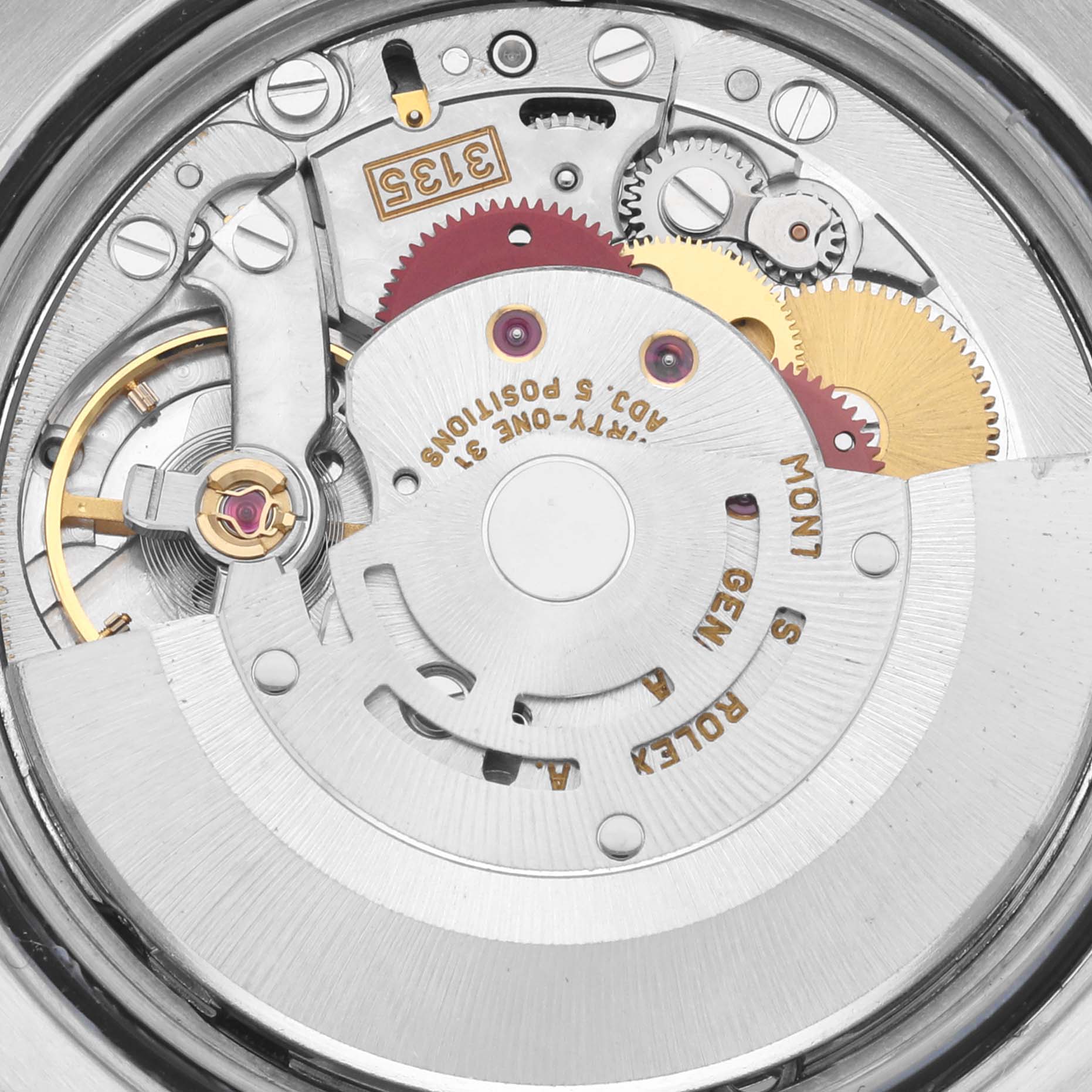 The image shows a close-up view of the internal movement of a Rolex Datejust 16233 Men
s Steel and Gold (two tone) Silver Dial 16233 Men
s Steel and Gold (two tone) Silver Dial watch.
