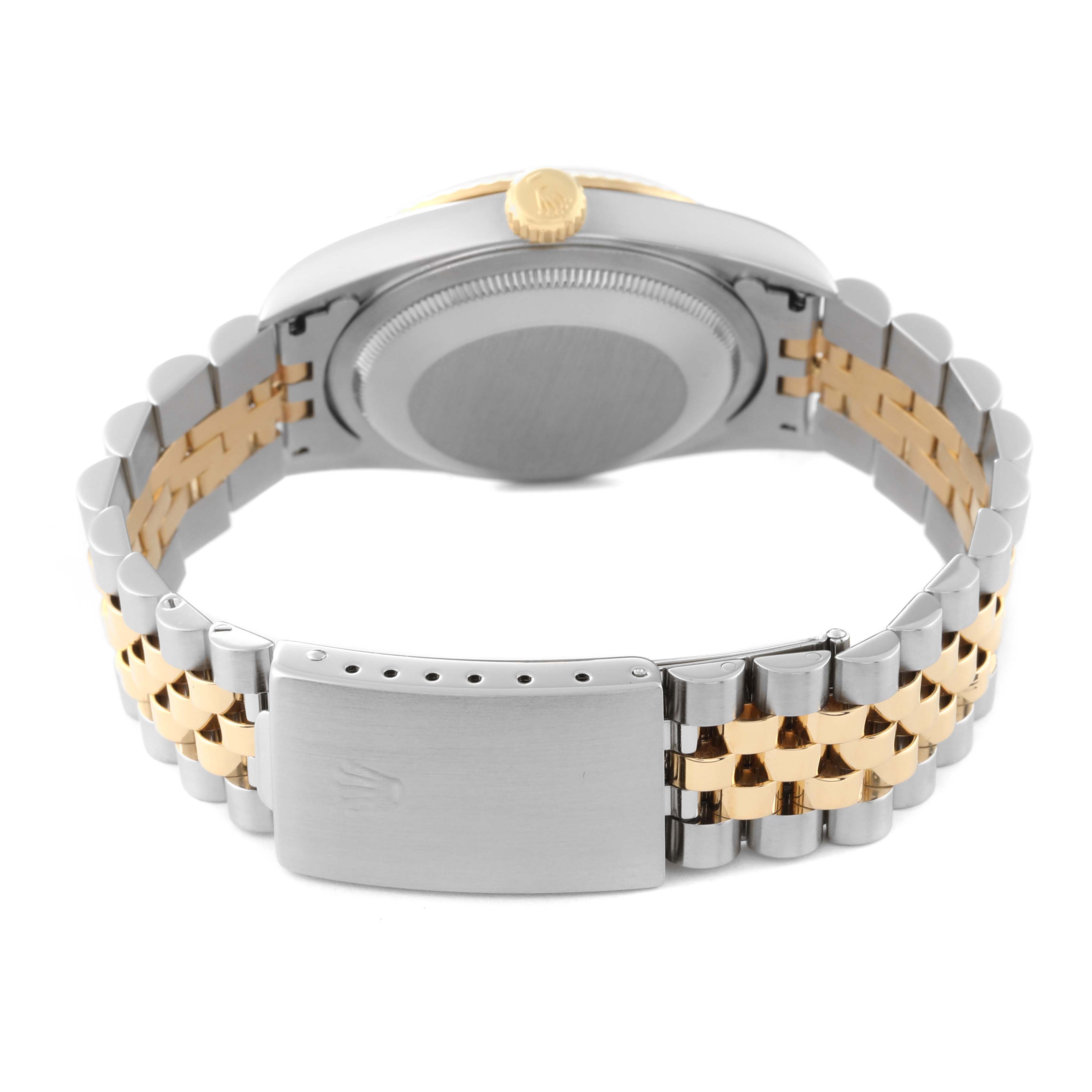 This image shows the back view of a Rolex Datejust 16233 Men
s Steel and Gold (two tone) Silver Dial 16233 Men
s Steel and Gold (two tone) Silver Dial watch, highlighting the case back and two-tone Jubilee bracelet with clasp.